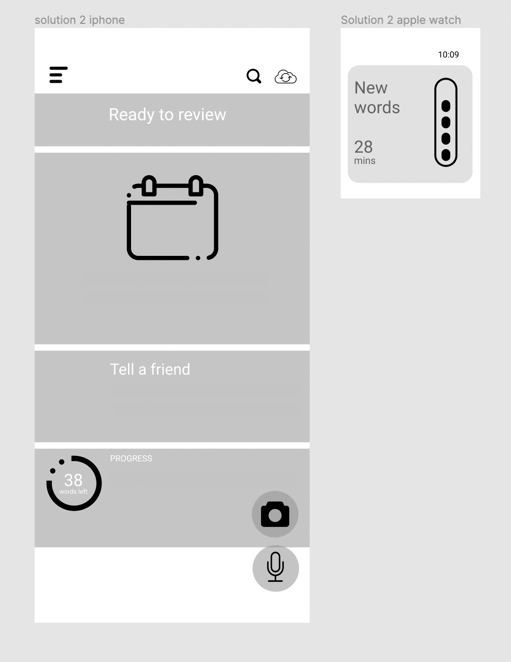 Screenshot of a language learning app with options to review words, tell a friend, and view progress, along with icons for camera and microphone features.