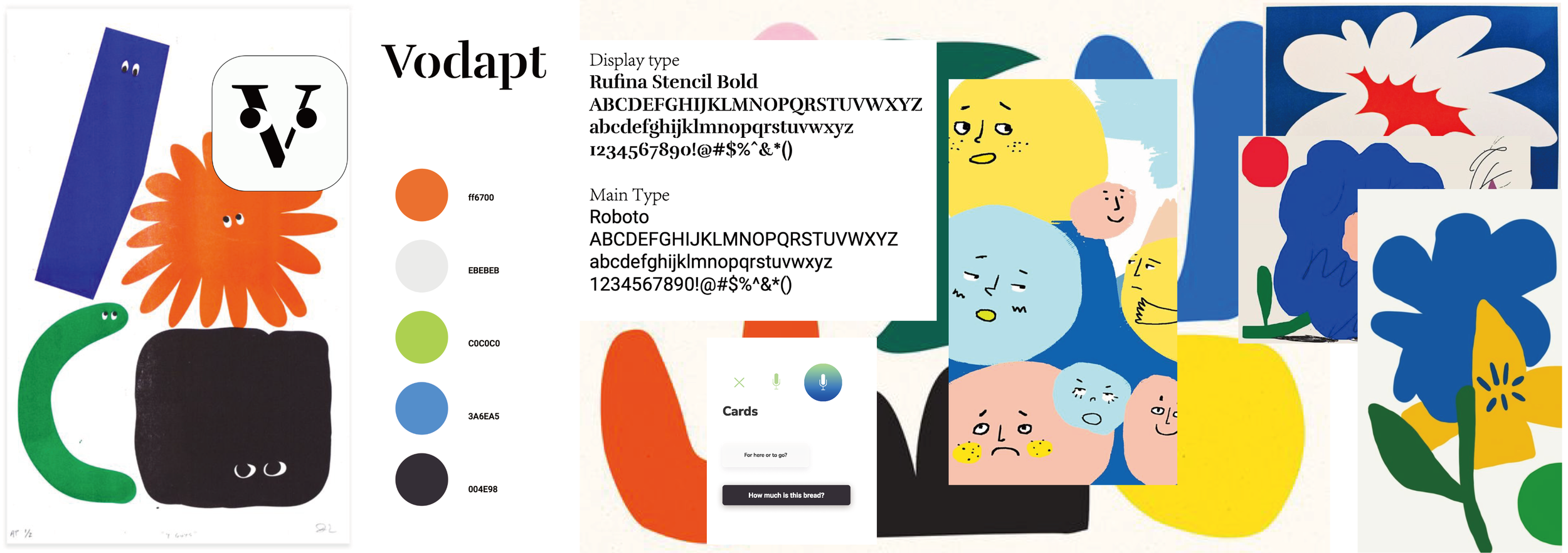 Colorful graphic design featuring abstract cartoon characters and shapes, including a green snake, black square with eyes, orange flower-like shape with eyes, and various colorful patches and floral motifs, with text overlay about fonts and colors.