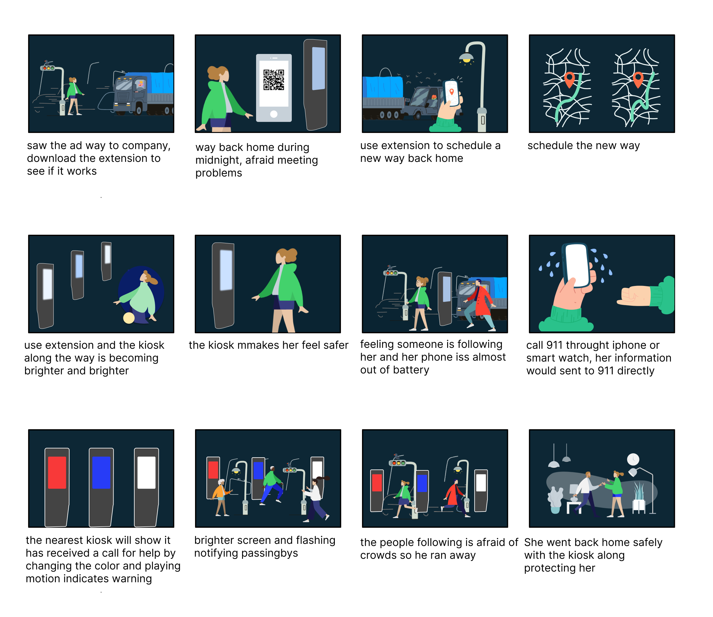 A sequence of illustrations showing the use of safety extensions and kiosks at a bus stop to help pedestrians and travelers be safer and more alert, with scenes of people scanning QR codes, using smartphones, and feeling secure thanks to technological cues.
