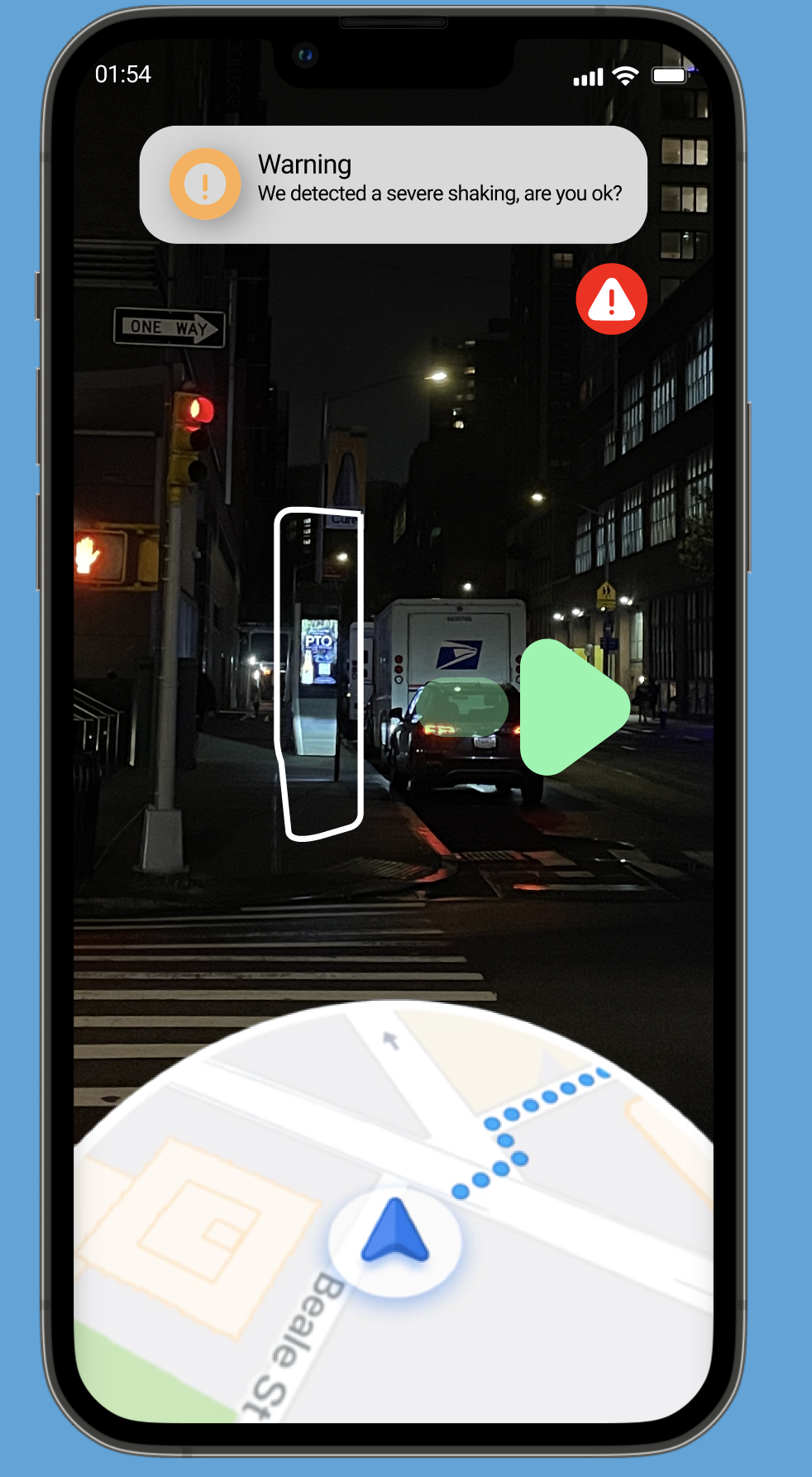 A nighttime urban street scene with parked vehicles, illuminated building windows, and traffic lights. A smartphone screen displays alerts about a severe earthquake and a warning icon, plus a GPS navigation map at the bottom.