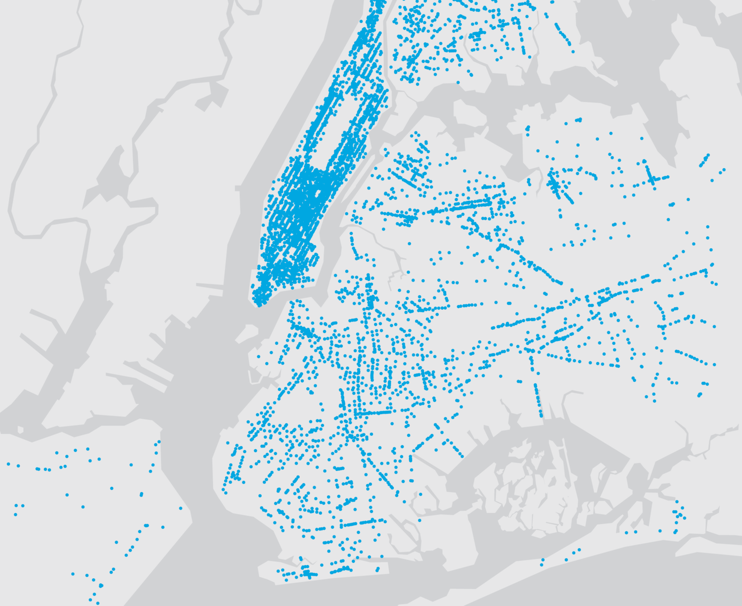 Map of Manhattan showing blue dots representing data points concentrated along streets and the waterfront.