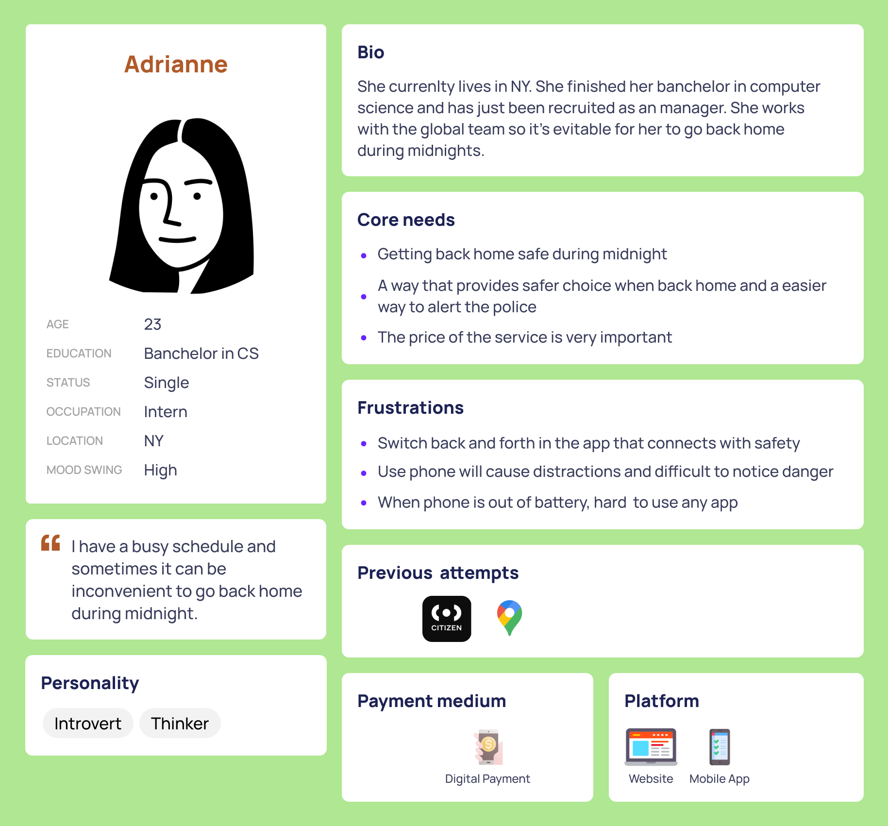 A digital-style profile card with a black and white illustration of a woman with straight hair. The card displays her name 'Adrianne' in large brown text, a bio about her living in New York, her education, age, status, occupation, location, mood, and interests. It also includes icons for digital payment, website, and mobile app, with a green background and sections separated by white borders.