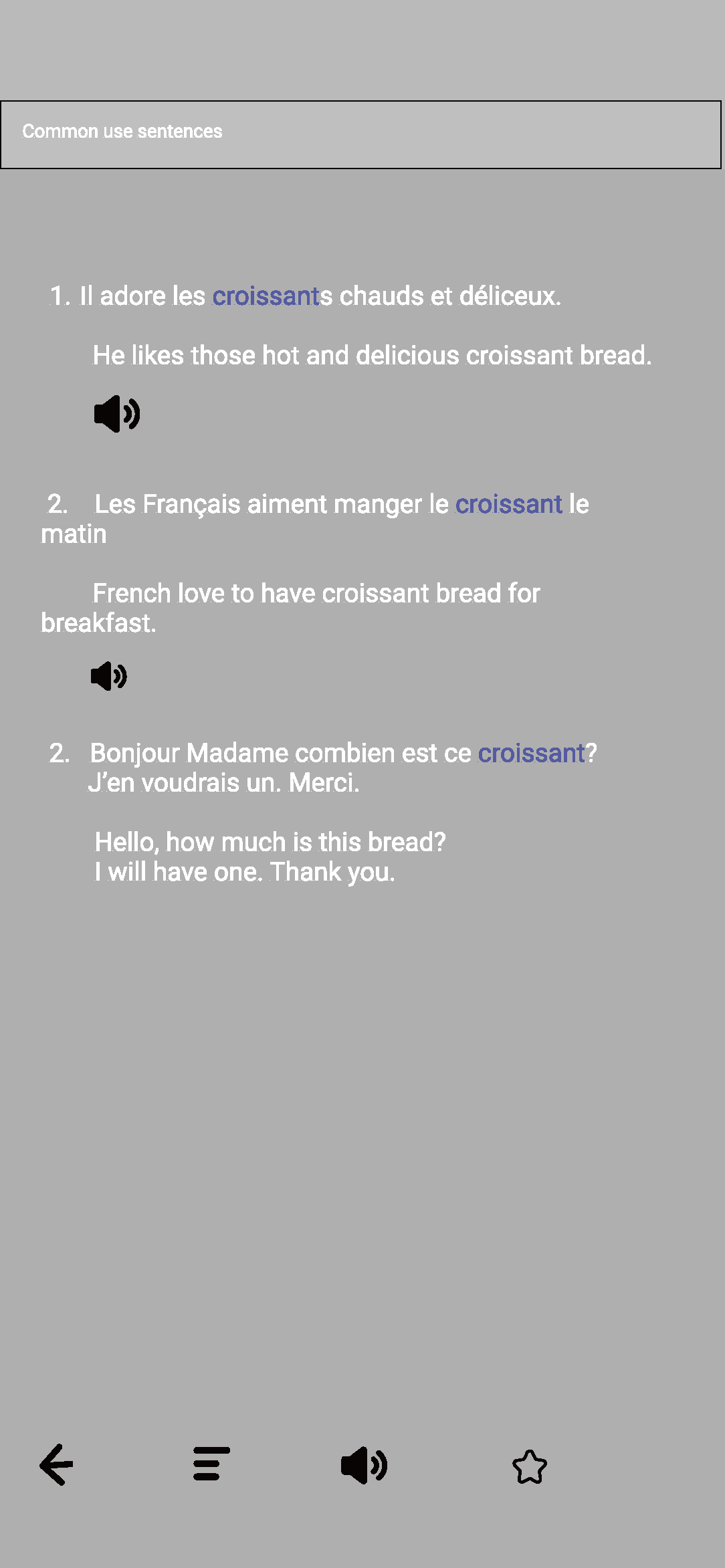Screenshots of French language learning software with sentences about croissants, including audio icons and translations in English.