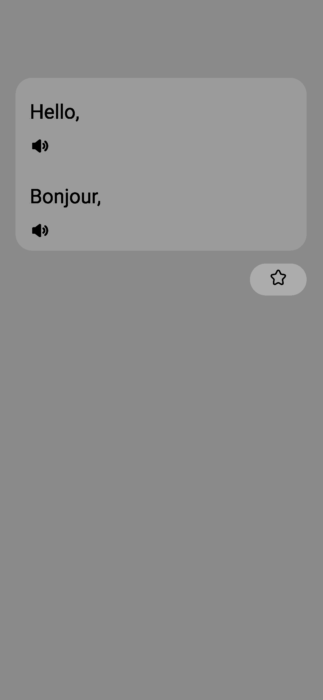 A smartphone screen displaying a language translation app with the words 'Hello,' and 'Bonjour,' along with speaker icons and a star icon on the side.