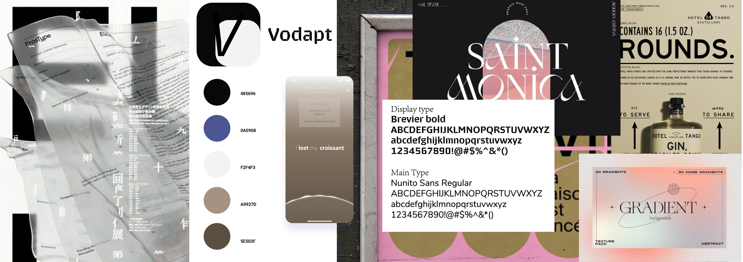 A collage of various design and branding elements, including a transparent plastic bag with Asian characters, a Vodapt app icon, color palette swatches, abstract graphic design, and packaging labels for gin and alcohol with modern typography and grad