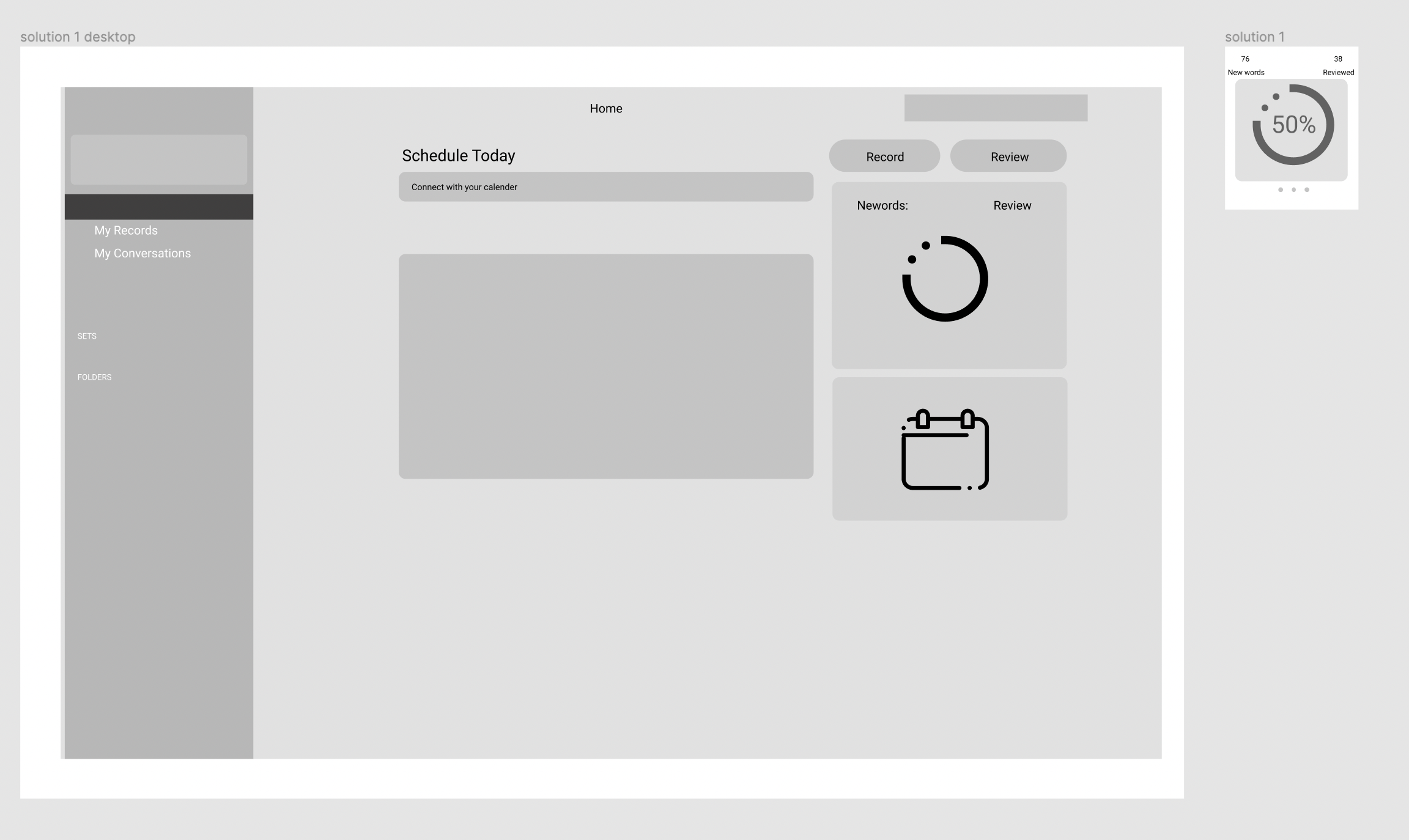 User interface of a desktop application with a home screen displaying options to schedule and connect with a calendar, along with icons representing progress, notes, and a list.
