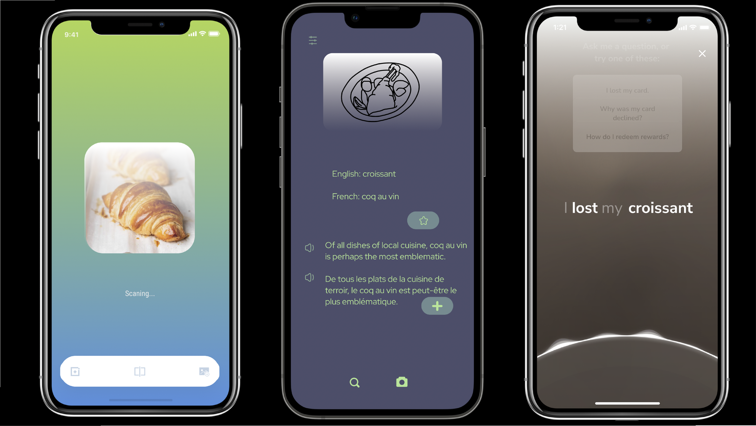 Three iPhones displaying different screens of a food-related language learning app, with images, translations, and user interface elements.