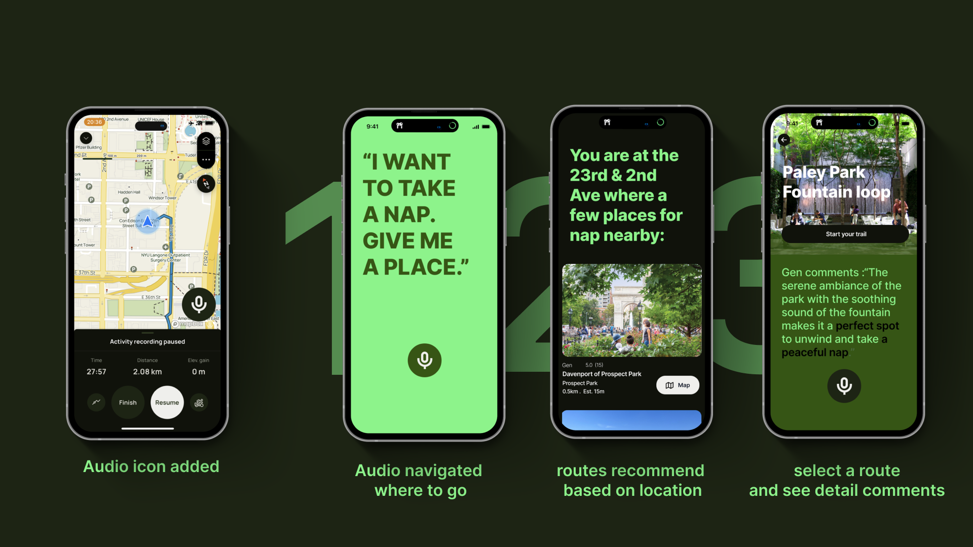 Four smartphone screens displaying a map application with various features, including activity tracking, voice navigation, route recommendations, and points of interest.