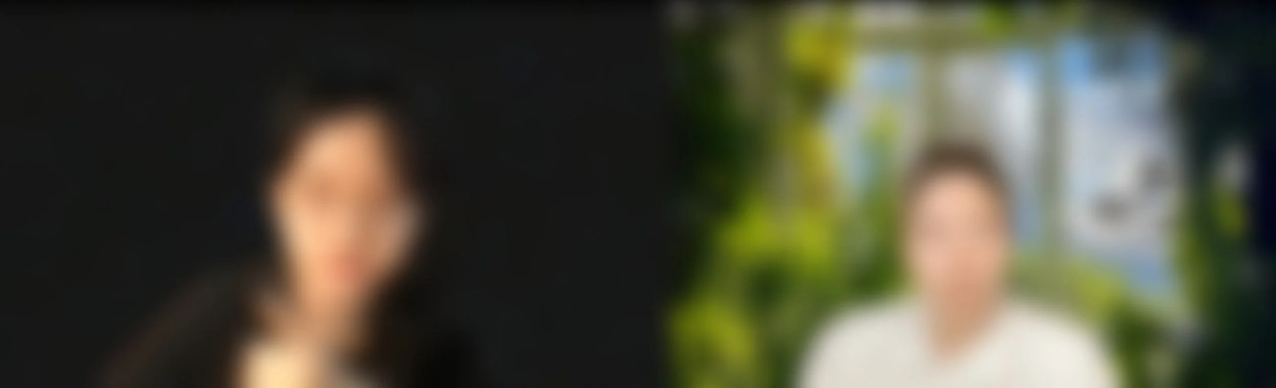 Two blurred people, one on a dark background and one outdoors with greenery, in a professional or interview setting.