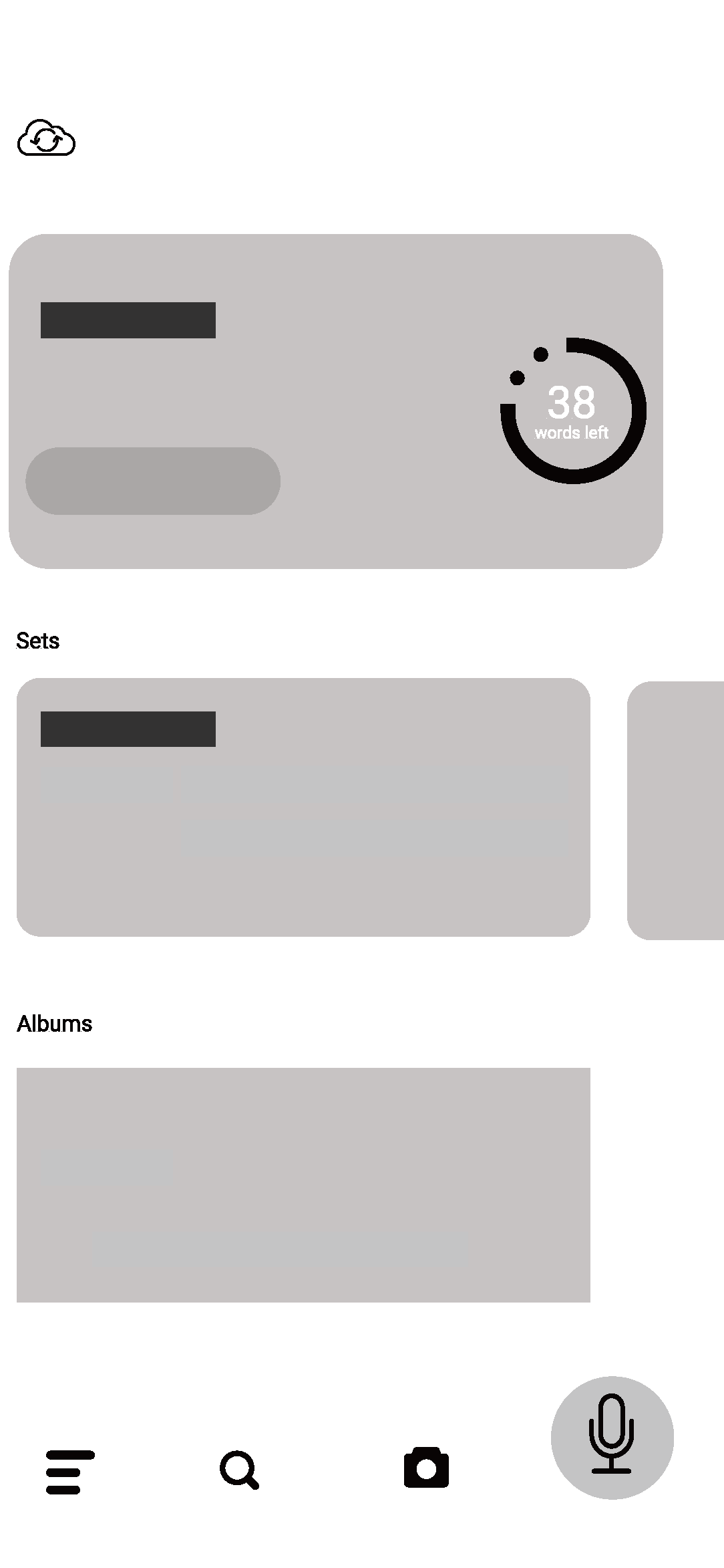 A grayscale screenshot of a music app interface showing playlists, with a circular indicator displaying 38 words left for the current song, and a small cloud icon in the top left corner.