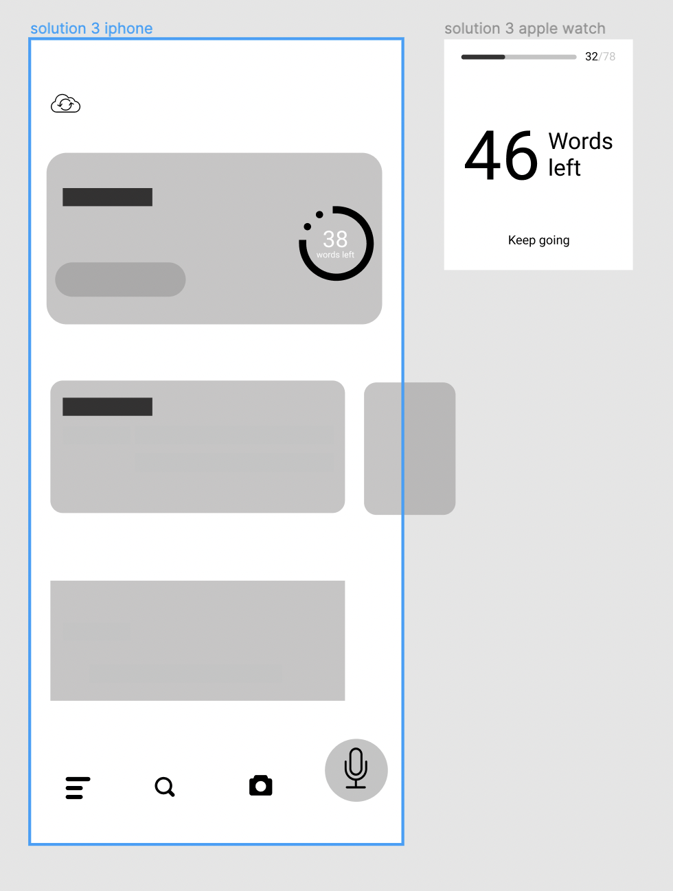 A grayscale digital interface showing two sections labeled 'solution 3 iPhone' and 'solution 3 Apple Watch.' The iPhone section displays a partially filled progress bar, a circle with '38 words left,' and some placeholder elements. The Apple Watch se