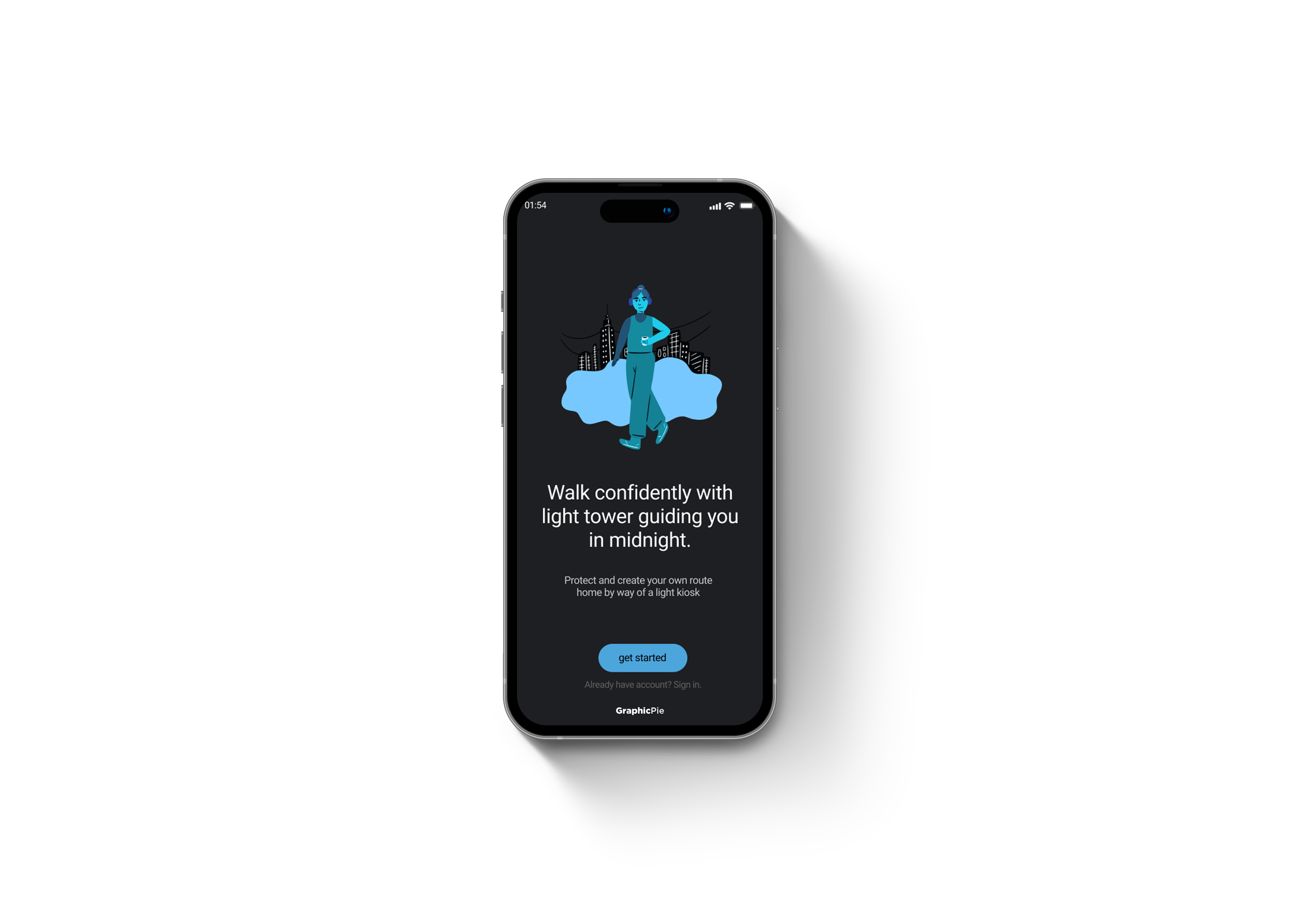 Smartphone screen displaying a nighttime cityscape with a person walking confidently, holding a phone, and a message promoting guided light tower navigation at midnight.