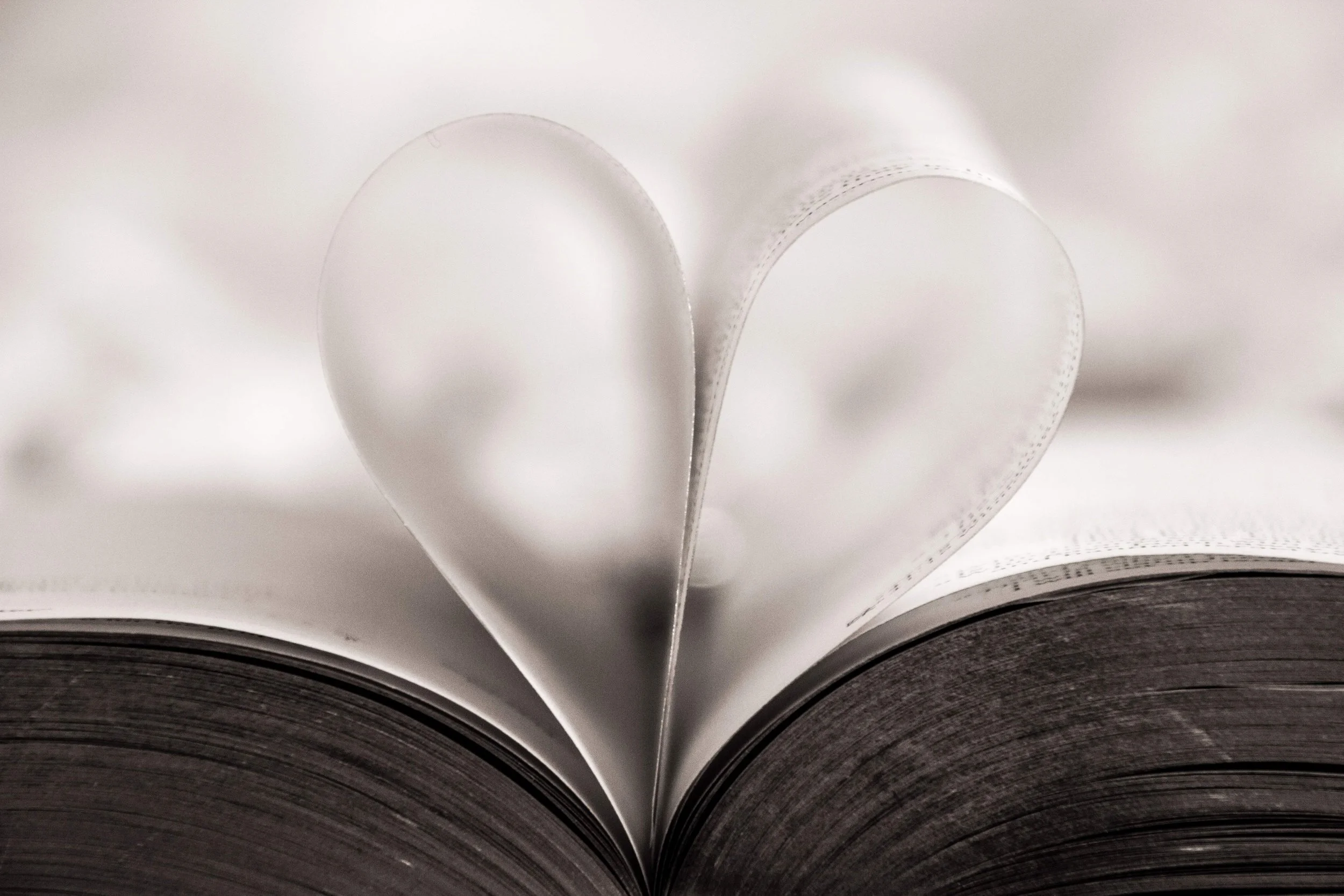An open book with two pages bent to form a heart
