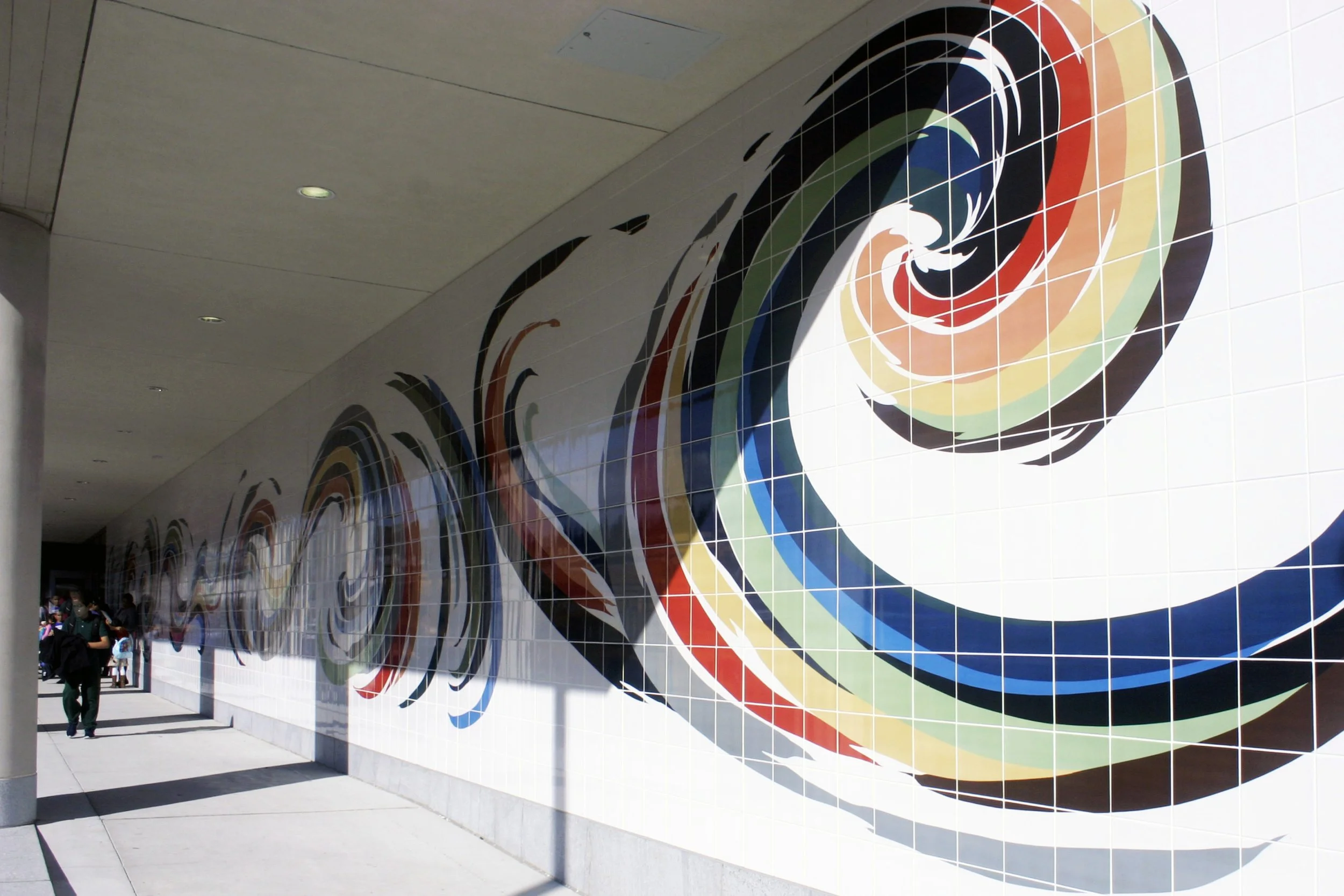 "Kairos", 2017, ceramic pigment on porcelain tile, 9 ft 9 in x 158.3 ft *Collection of the NYC Department of Education, Public Art for Public Schools, PS298Q, New York © Sun K. Kwak