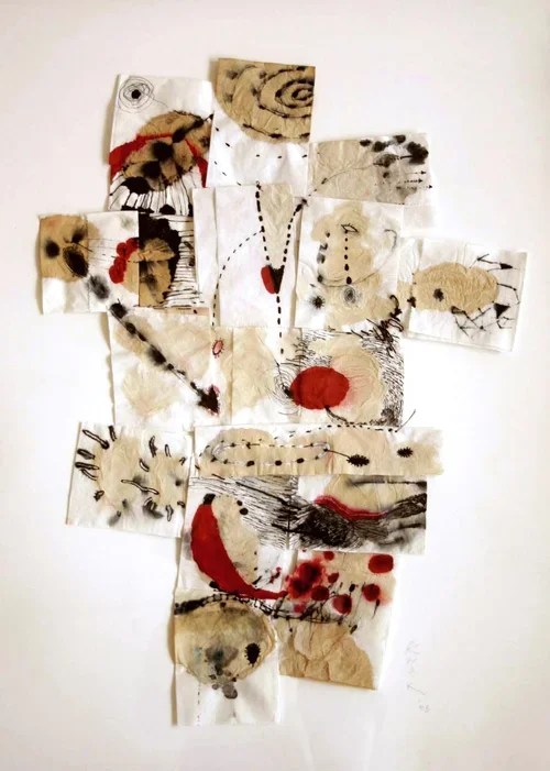 "Coffee Diary", coffee, ink, marker, thread on napkins, 2001 *Private Collection © Sun K. Kwak
