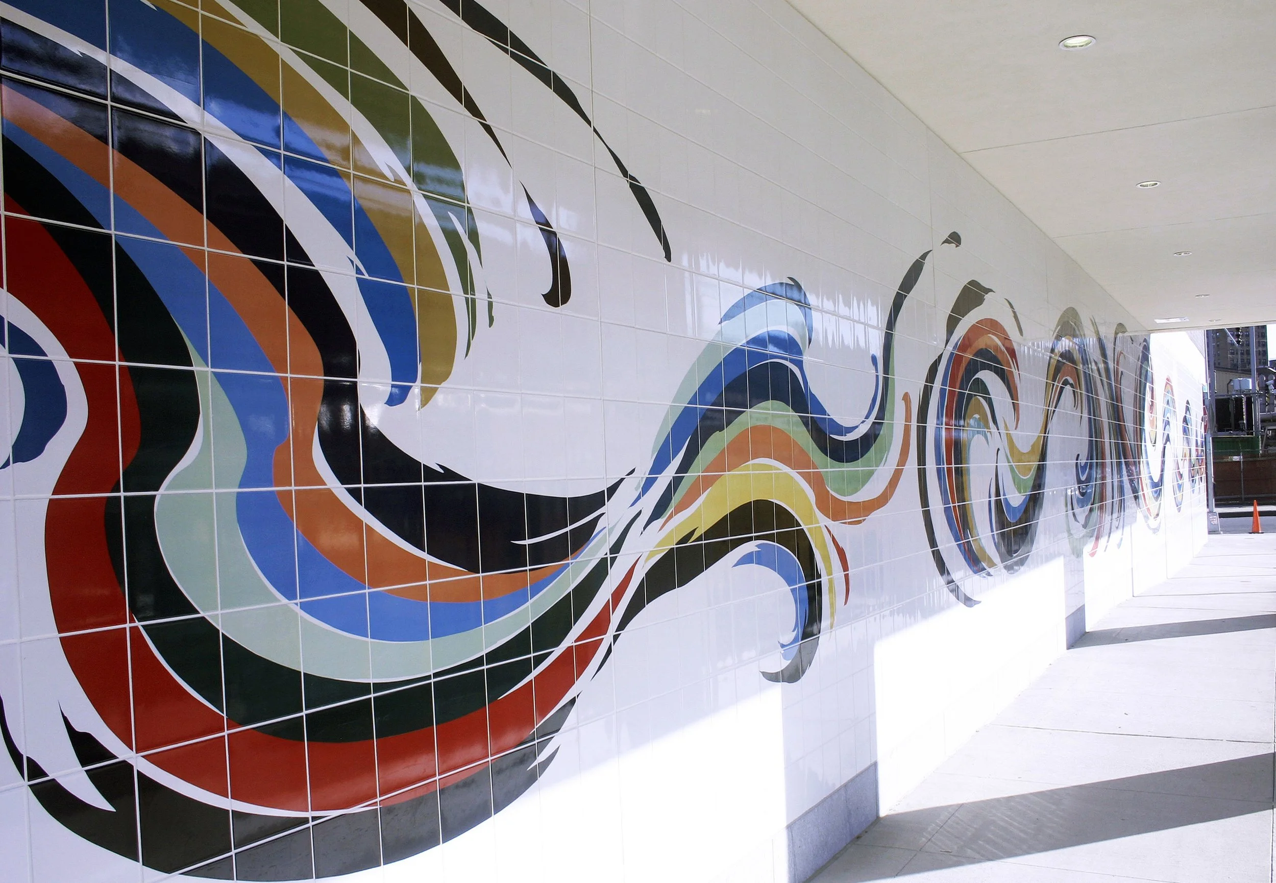 "Kairos", 2017, ceramic pigment on porcelain tile, 9 ft 9 in x 158.3 ft *Collection of the NYC Department of Education, Public Art for Public Schools, PS298Q, New York © Sun K. Kwak