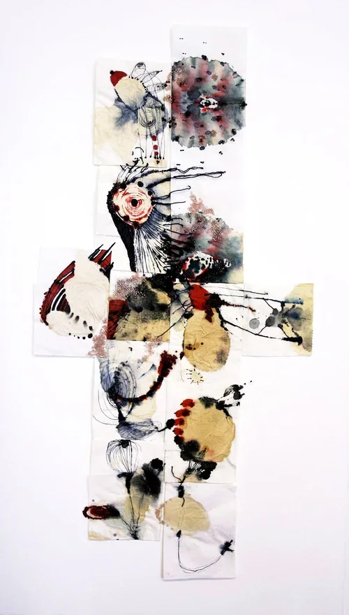 "12 days of Marking", Cappuccino, ink, marker, thread, bids on napkins, 17" x 29", 2001 © Sun K. Kwak