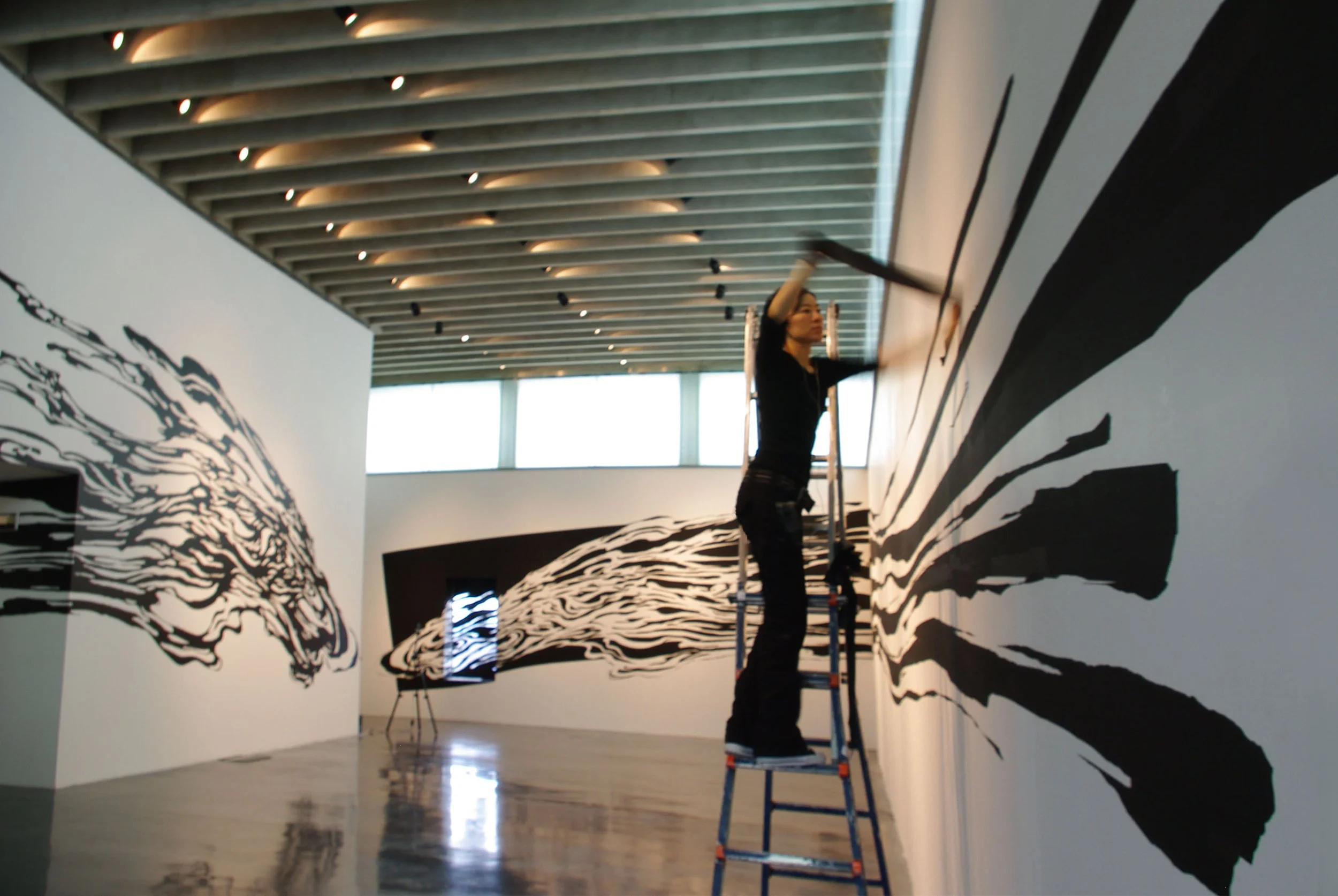 Working process: “Dual Force”, 2010, masking tap, installed at The New Art Gallery, Walsall, U.K. Photo: Hannah Anderson 