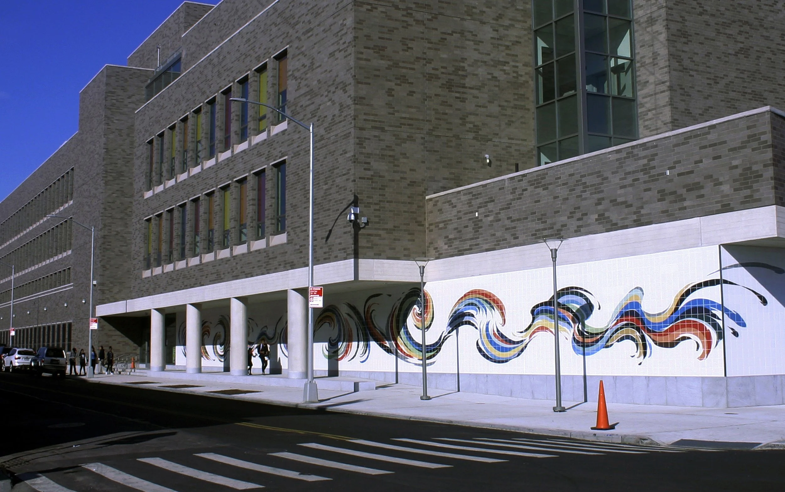 "Kairos", 2017, ceramic pigment on porcelain tile, 9 ft 9 in x 158.3 ft *Collection of the NYC Department of Education, Public Art for Public School, PS298Q, New York. © Sun K. Kwak