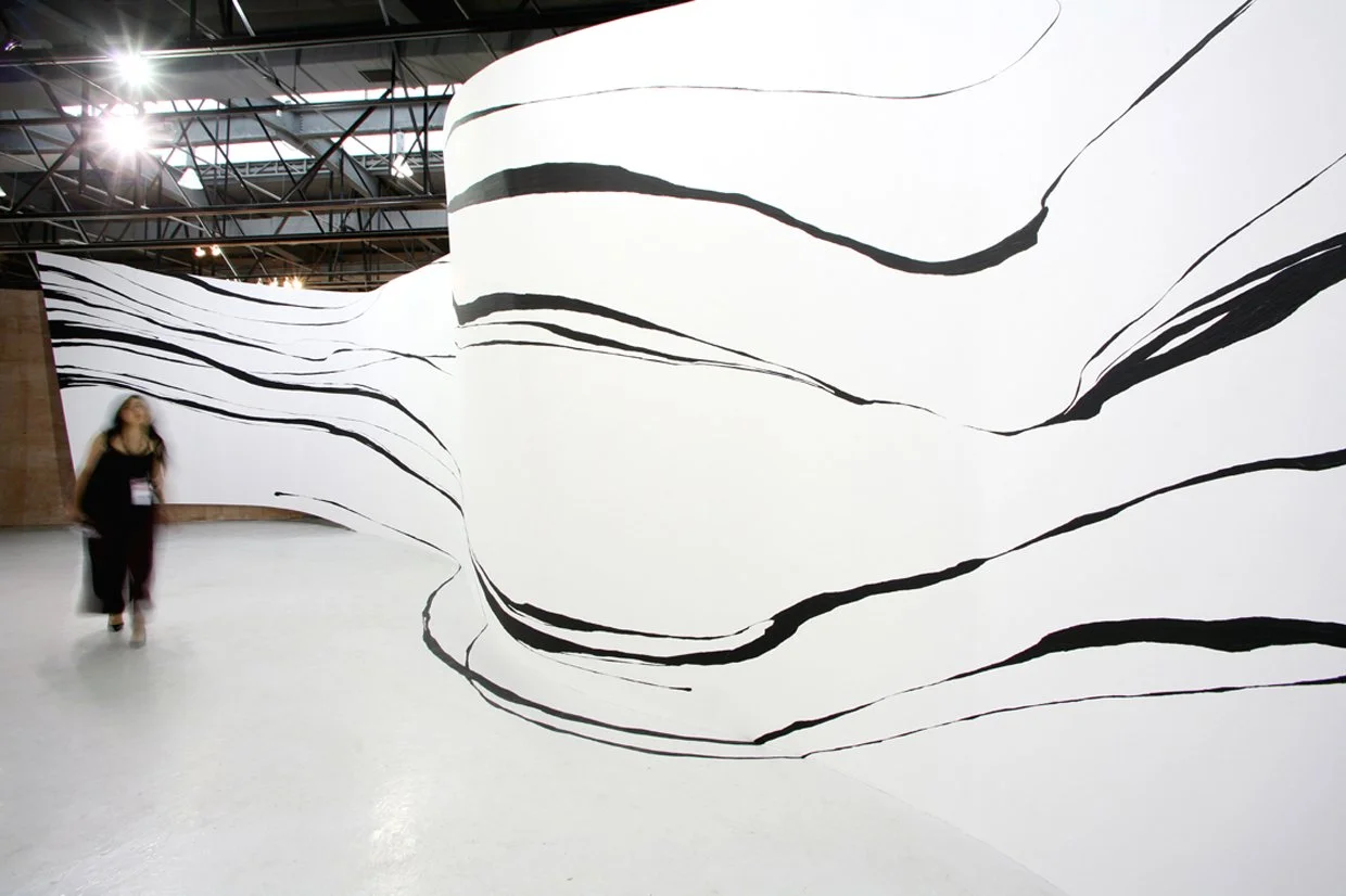"Untying Space_Gwangju Biennale", 2006_
masking tape, wooden wall, white paint
_installed at The 6th Gwangju Biennale, Gwangju, Korea. Photo: Youngha Cho. © Sun K. Kwak