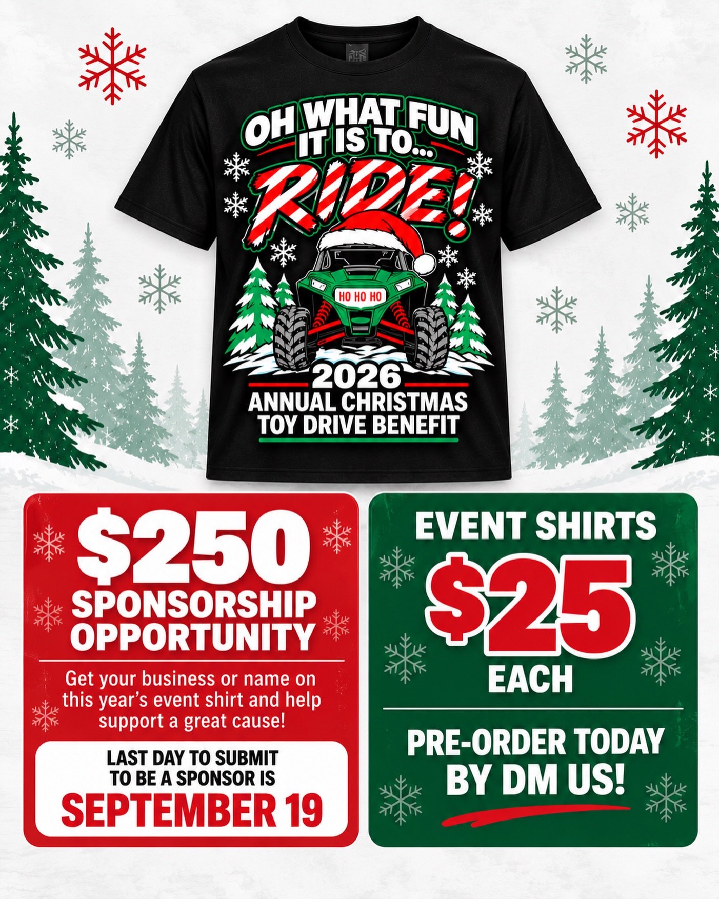 Become an event sponsor and help support this year&rsquo;s Christmas Toy Drive Benefit! Sponsorship deadline is September 19th.

Event shirts are also available for $25 each. Pre-order yours today by sending us a DM!