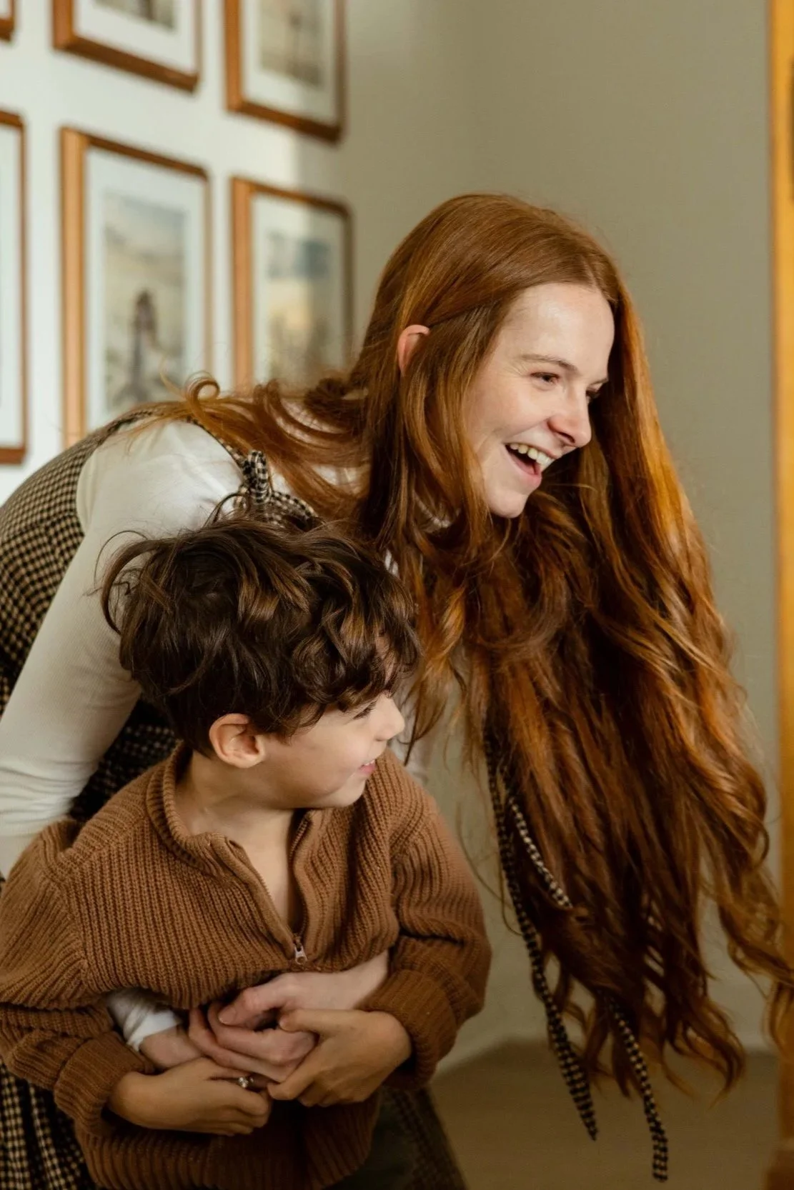 Mother and son playing tag