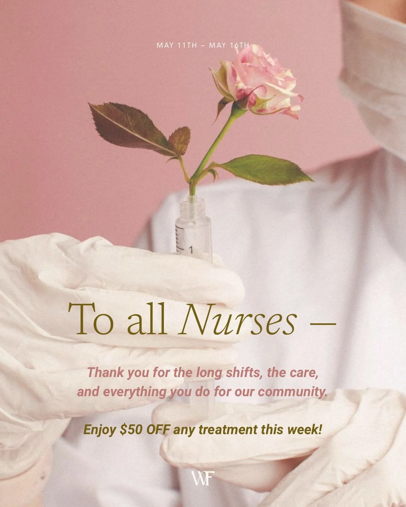 From tomorrow through next Monday (since we missed today), all nurses can enjoy $50 off any facial treatment at Wildflower Skin.🌷

It&rsquo;s our small way of saying thank you for the care, long shifts and everything you do for the Toowoomba communi