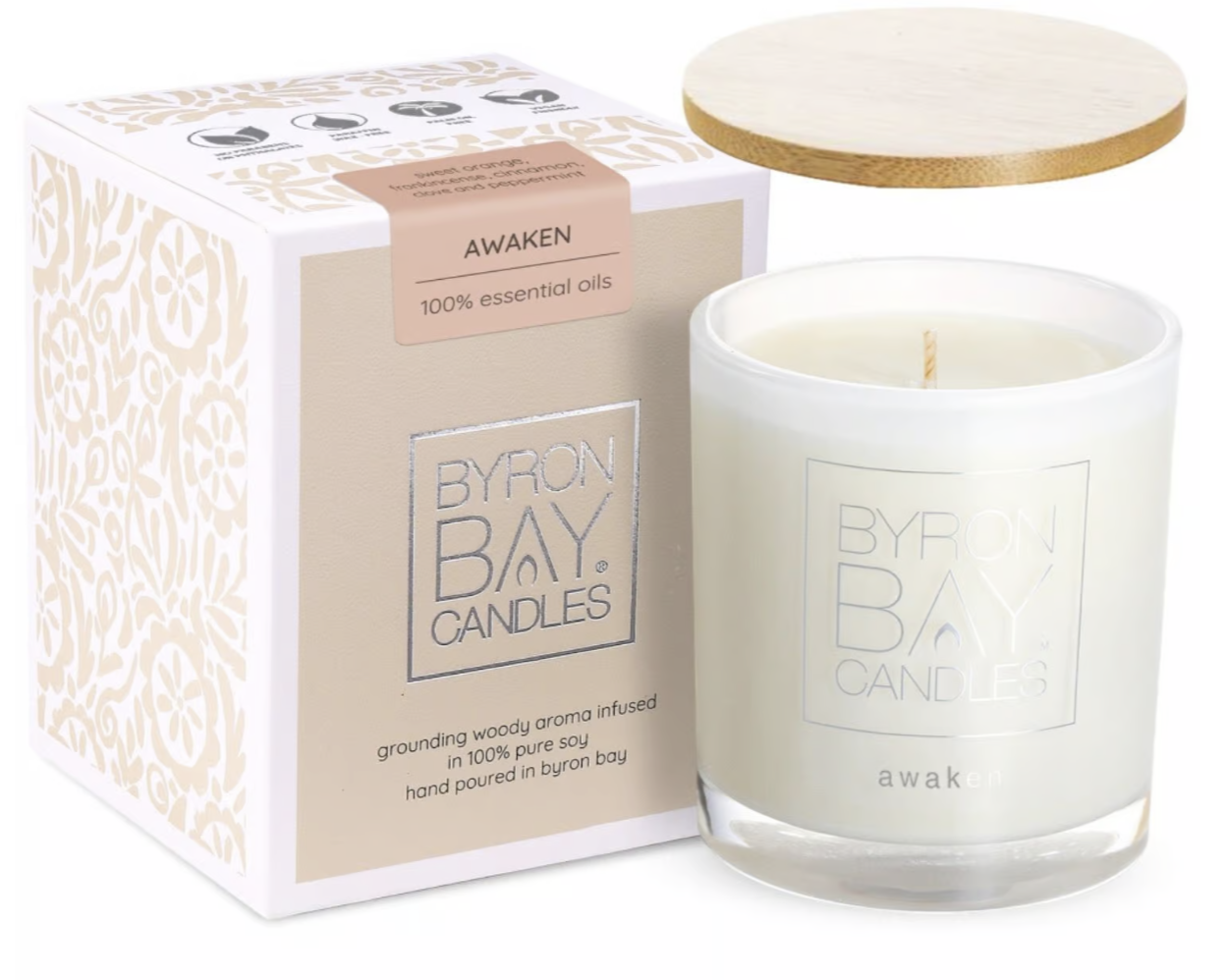 Byron Bay Candles AWAKEN (frankincense, orange, clove, peppermint) – Large 50 Hour Pure Soy Candle