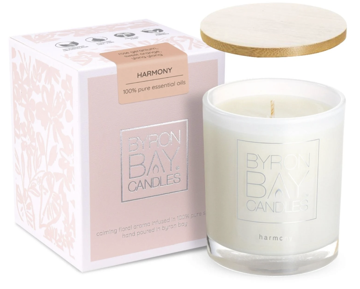 Byron Bay Candles HARMONY (pure essential oils of sweet orange, ylang ylang and rose geranium) Large 50 Hour Pure Soy Candle