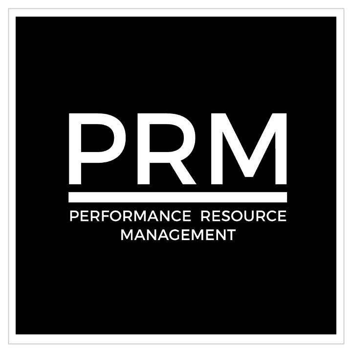Logo with the letters PRM, standing for Performance Resource Management, on a black background with white text.