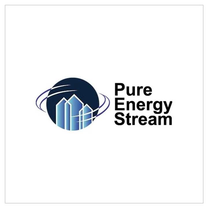 Logo for Pure Energy Stream featuring a dark circle with white outlines of mountains and orbiting lines, with bold black text beside it.