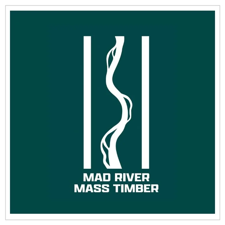 Logo for Mad River Mass Timber featuring a stylized river design with two vertical lines on each side.