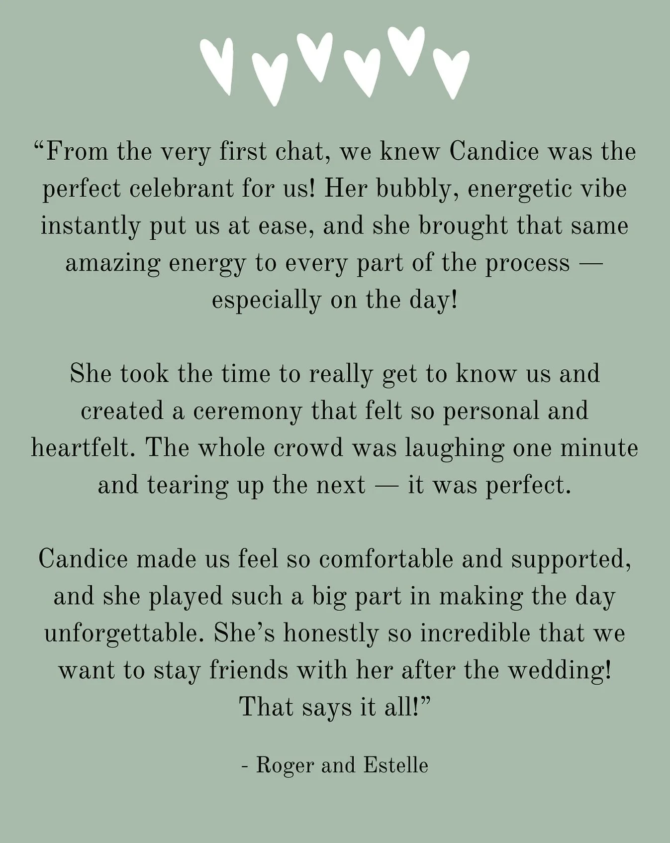 π€ Testimonial love from Estelle and Roger π€ 
Their afternoon was filled with sunshine, memories and so much emotion and pride from their nearest and dearest. An absolute pleasure to be their celebrant and receive this beautiful review 
—&md