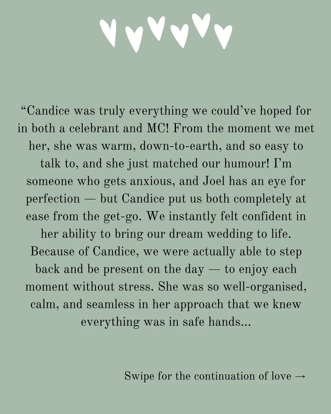 🤍 Testimonial love from Kayra and Joel 🤍 

The energy was high from the moment we started the ceremony, an afternoon filled with the absolute highest level of joy and love. 

&mdash;&mdash; 

Celebrant and MC 
Loveagoodwedding.com

&mdash;&mdash; 
