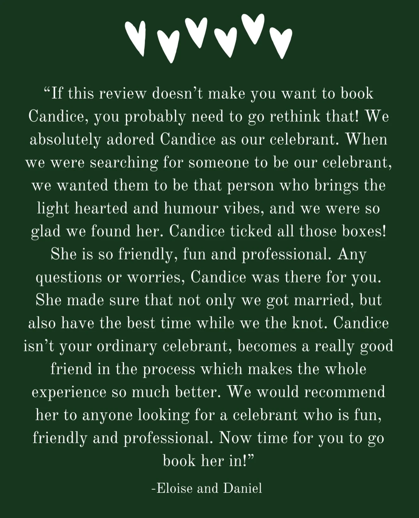 🤍 Testimonial love from Eloise and Daniel 🤍

Two legends that had me in fits of laughter every time we caught up and right up until their absolutely amazing afternoon of love!! 

&mdash;&mdash; 

#melbourneweddingcelebrant #melbournecelebrant #melb