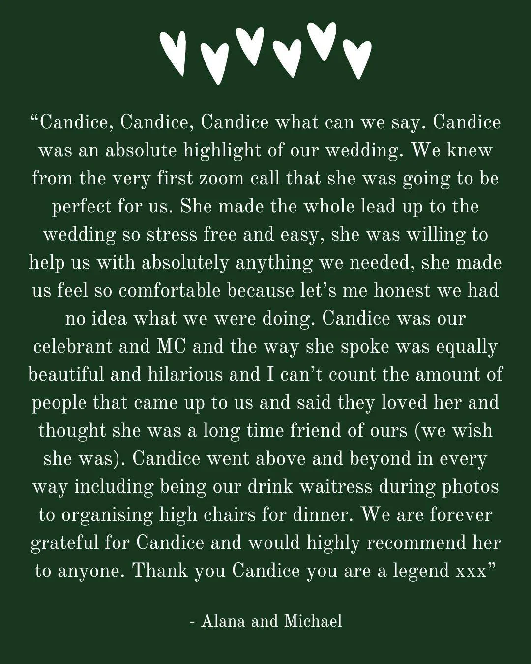 🤍Testimonial love from Alana and Michael 🤍

An afternoon in the sunshine and an absolutely pumping dance floor to celebrate two absolute legends!! 

--- 
Celebrant and MC 
www.loveagoodwedding.com
--- 

 #Melbourneweddings #melbourneweddingcelebran