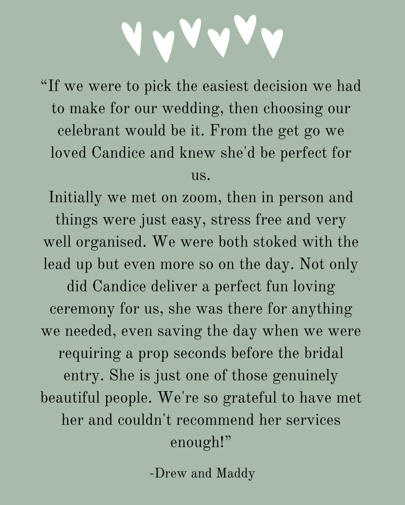 🤍 Testimonial love from Drew and Maddy 🤍

Marrying two absolute legends makes my &lsquo;job&rsquo; easy!! 

&mdash;&mdash; 
Celebrant and MC 
www.loveagoodwedding.com
&mdash;&mdash; 

#weddingcelebrant #melbournecelebrant #melbourneweddingcelebrant