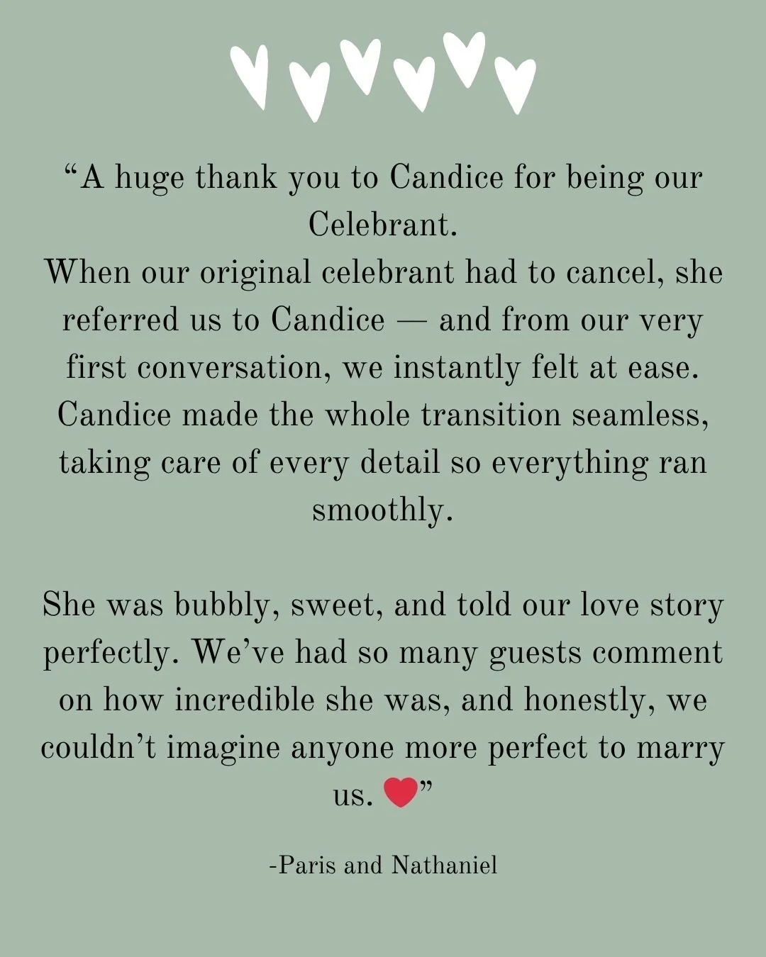 🤍Testimonial love from Paris and Nathaniel🤍 

I get to meet the best humans on one of the biggest days of their lives. This time I got to step in and calm the chaos. THEN they send beautiful words like this? Hoh. I am so lucky!! 

---- 
Celebrant a