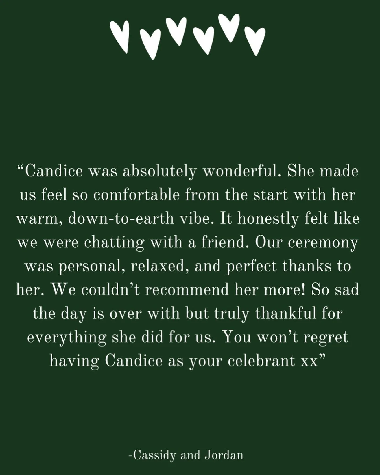 🤍 Testimonial love from Cassidy and Jordan 🤍

I will never take all of my amazing couples words for granted! This afternoon was one of absolutely epic joy. 

&mdash;&mdash; 
Celebrant and MC
loveagoodwedding.com
&mdash;&mdash; 

#marriagecelebrant 
