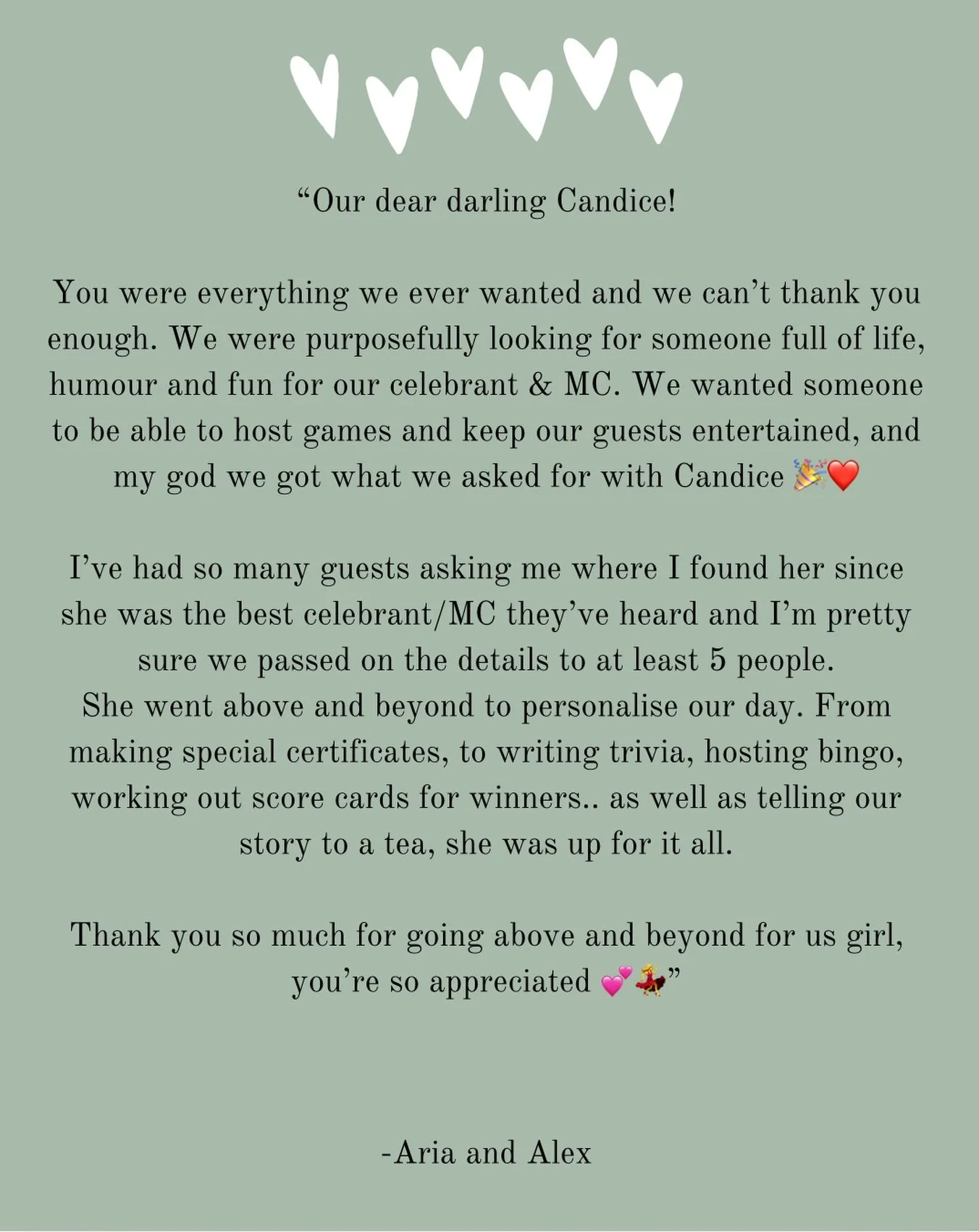 🤍 Testimonial love from Aria and Alex 🤍

This was such a fun one, all of their favourite things packed into a day of love! 

&mdash;&mdash; 
Celebrant and MC 
loveagoodwedding.com
&mdash;&mdash; 

#marriagecelebrant #weddingcelebrant #melbournecele