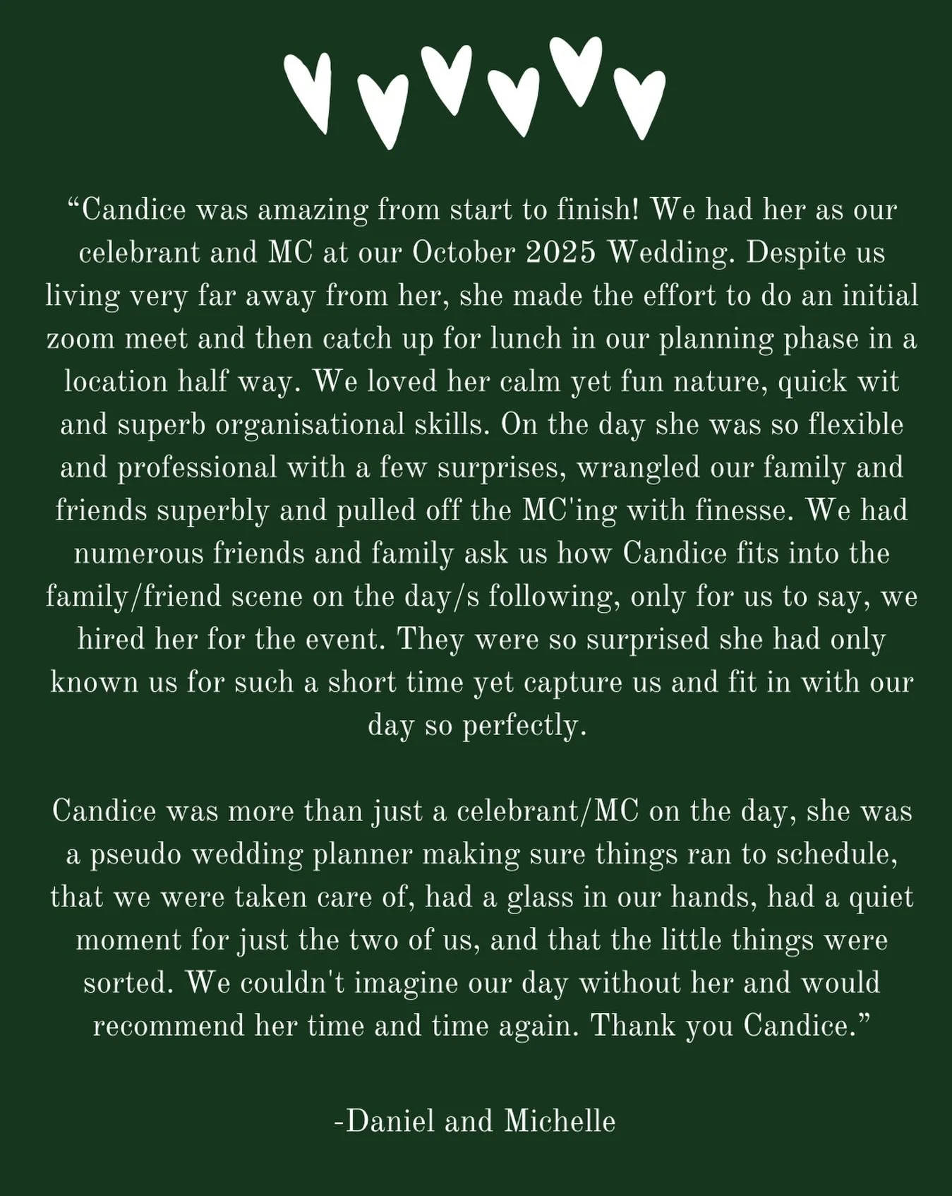 🤍 Testimonial Love from Daniel and Michelle 🤍 

Every little detail had thought and meaning behind it for their day and I was sooo about it!! What a night! 

&mdash;&mdash; 
Celebrant and MC 
loveagoodwedding.com
&mdash;&mdash; 

#melbournecelebran