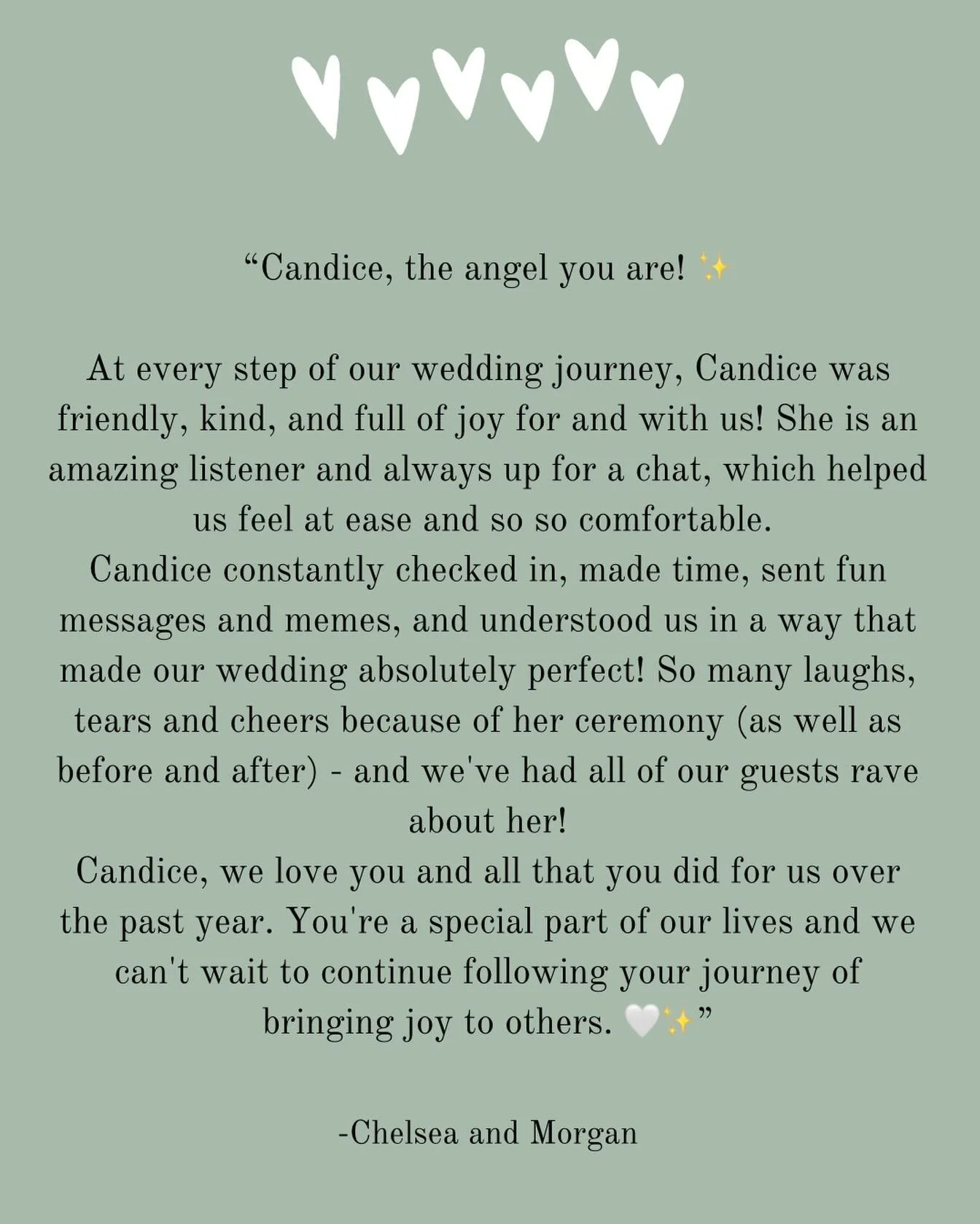 🤍 Testimonial Love from Chelsea and Morgan 🤍 

I will never stop being in awe of the amazing people that I get to meet and the beautiful words they write for me! 

&mdash;&mdash; 
Celebrant and MC 
loveagoodwedding.com
&mdash;&mdash; 

#melbournewe