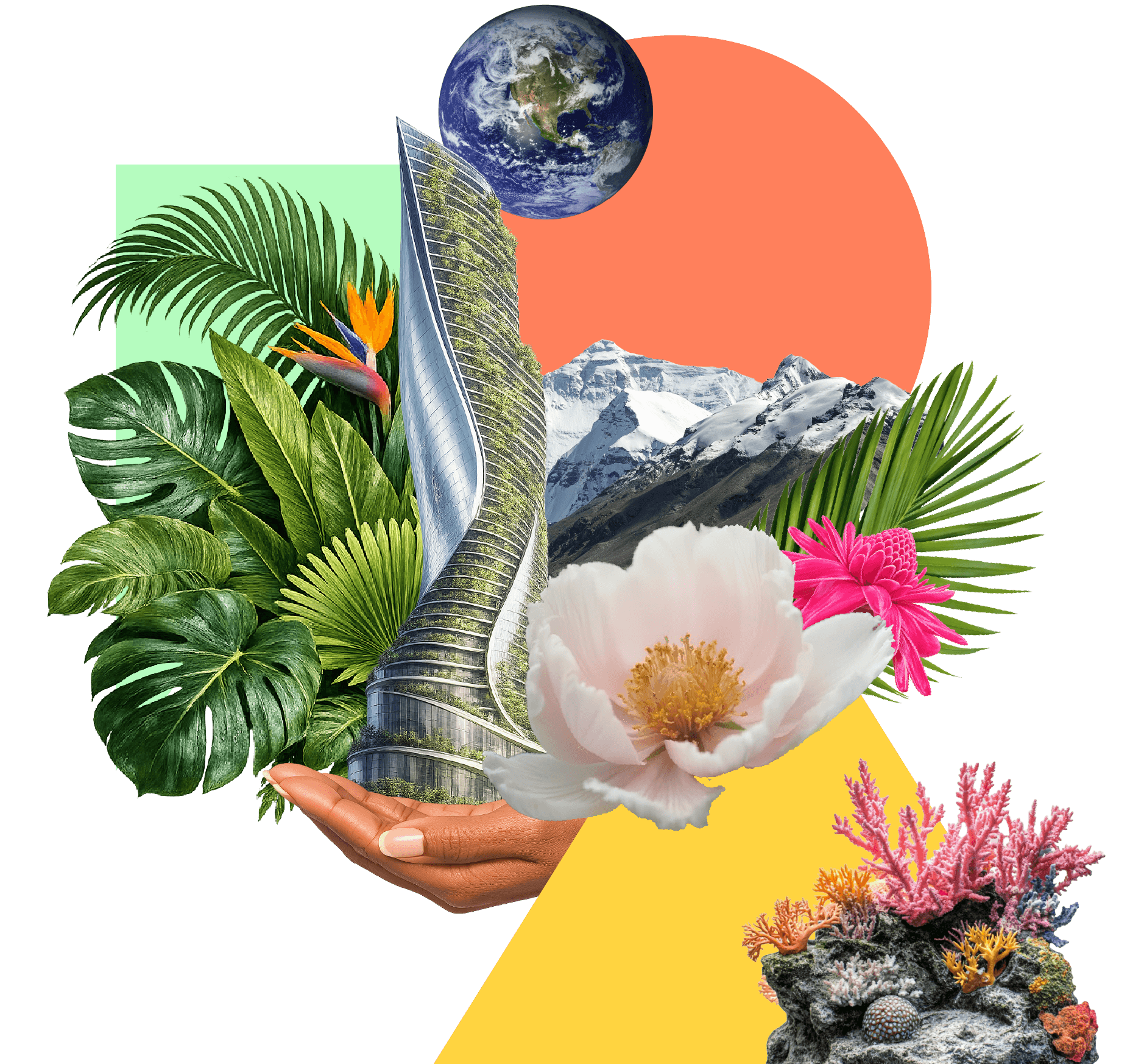 Reconsidered sustainability consulting collage with regenerative design, green architecture, global ecosystems, and nature-inspired future vision