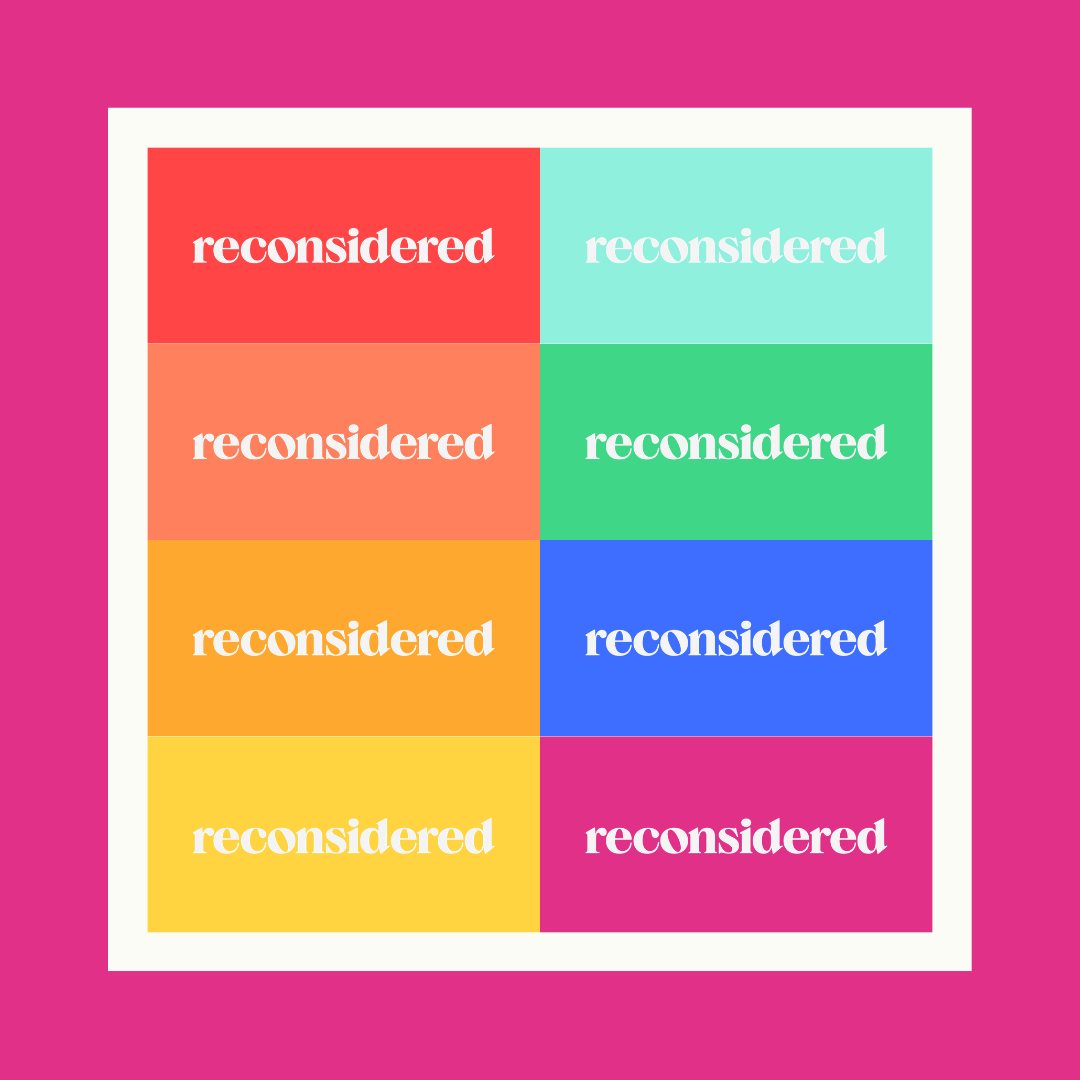 Reconsidered brand refresh visual showcasing bold color system and sustainability consulting identity