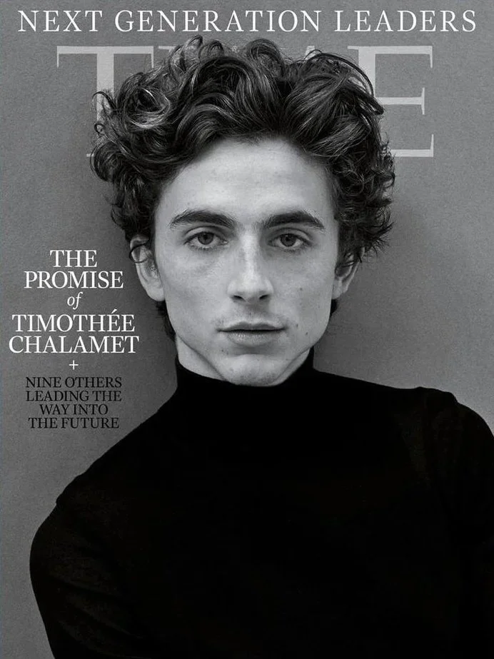  Timmothy Chalamet, a young actor with curly hair wearing a black top, posed for a magazine cover titled "Next Generation Leaders" with a focus on Timothée Chalamet and others leading into the future.