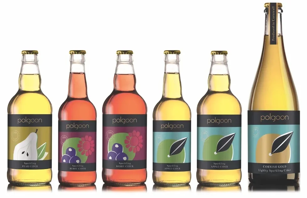 Six bottles of Polgoon sparkling ciders with different flavors, including pear, berry, apple, and cornish gold, arranged in a row.