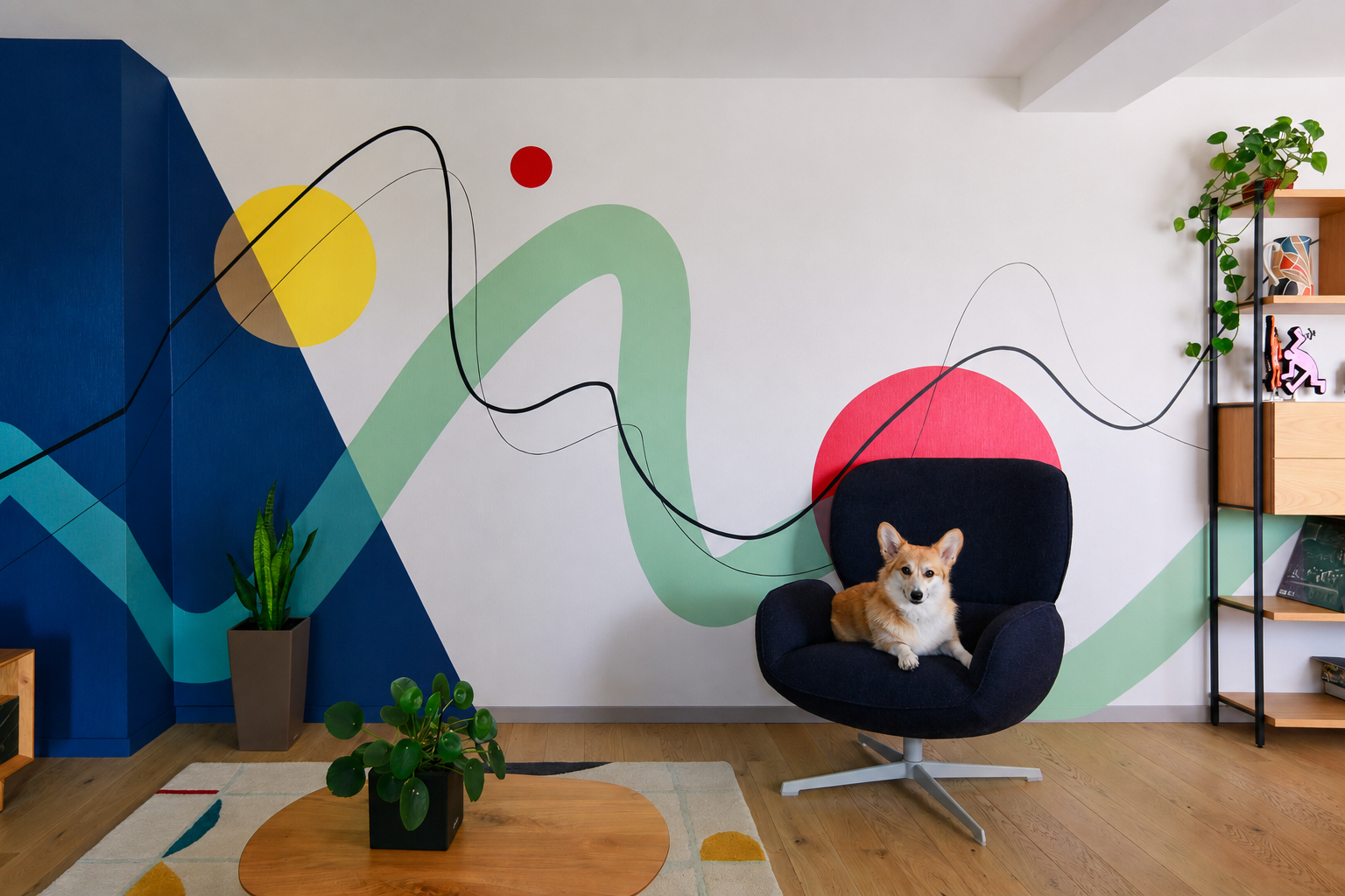 Salon contemporain avec fresque murale réalisée par Atelier Pépite et décoration intérieure sur mesure à Strasbourg.