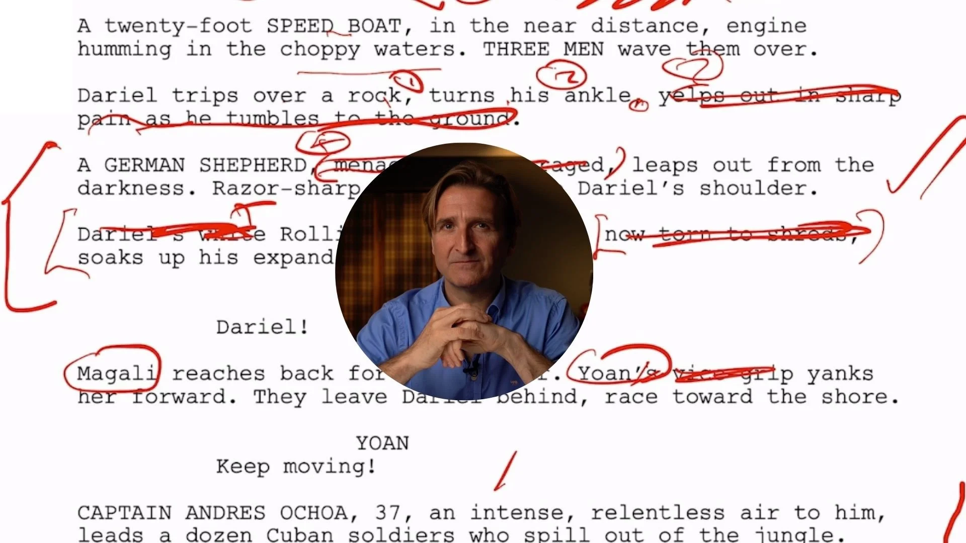 WGA writer Dominic Morgan in a circle in the middle of a screenplay page covered in red text edits
