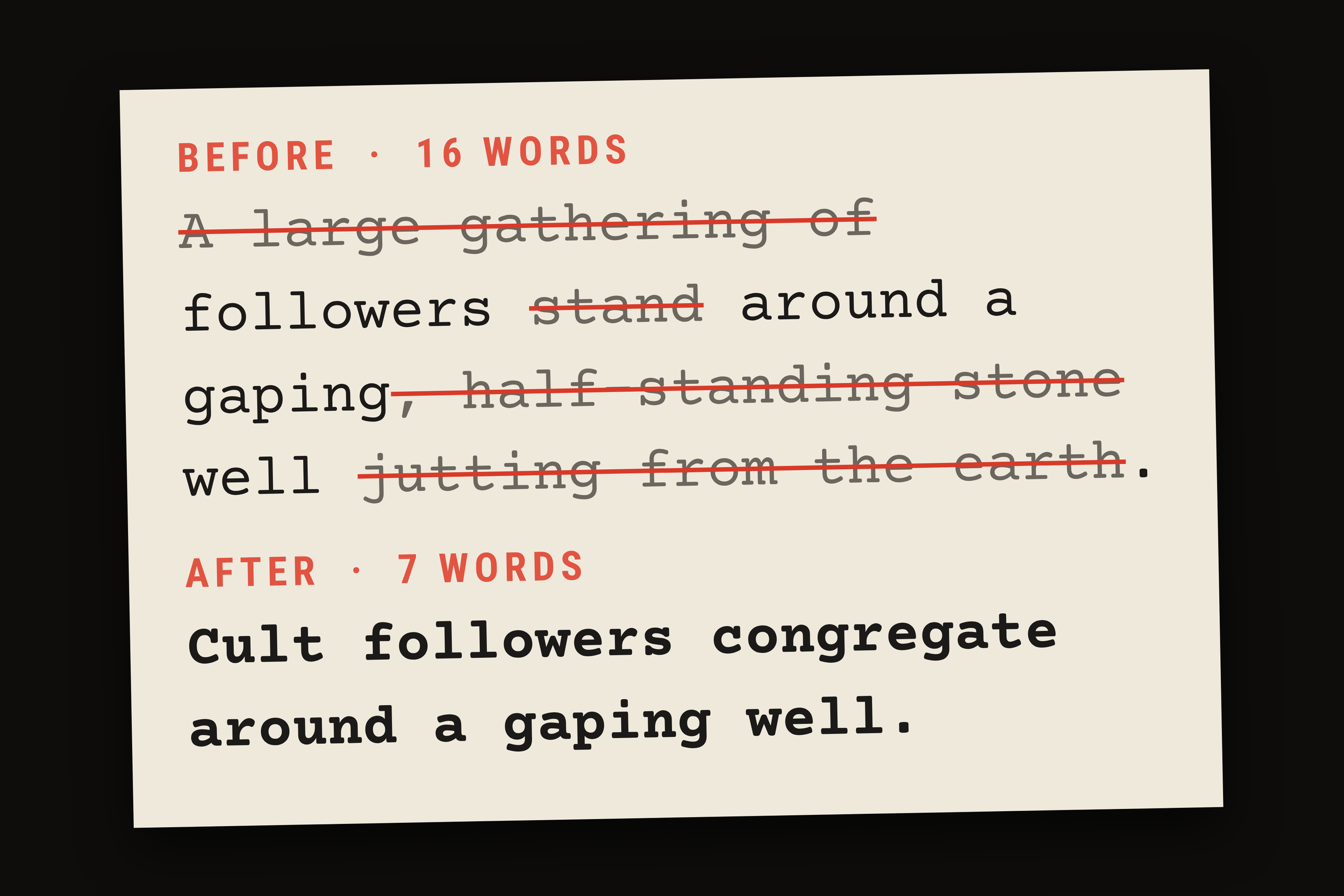 Image of a screenplay before and after. Before: 16 words - A large gathering of followers stand around a gaping, half standing stone well jutting from the earth. After: 7 words - Cult followers congregate around a gaping well.