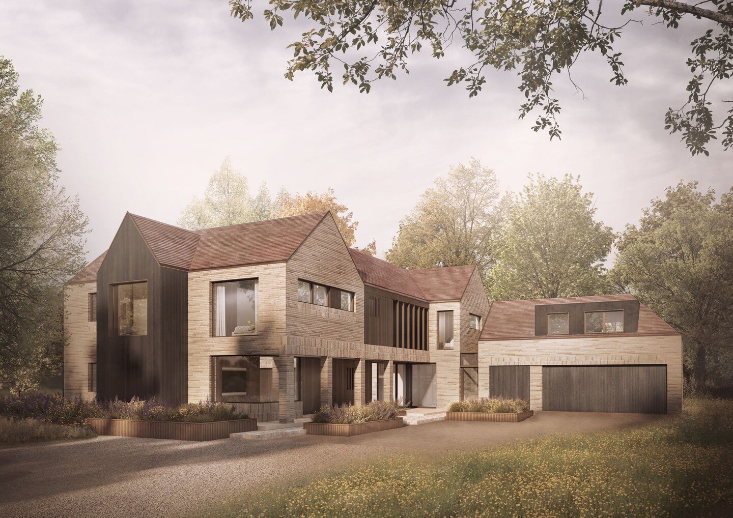 On a site located in East Hertfordshire, and within the Green Belt, Marjoram Architects were commissioned to design a new five bedroom family home. The new house creates a contemporary yet sympathetic response to the green and open site.⁠
⁠
Light col